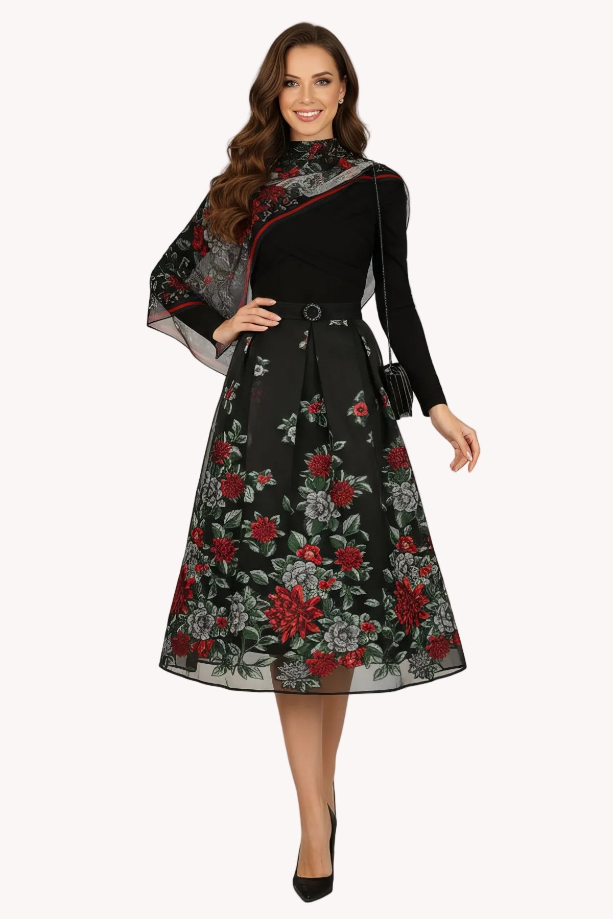 Black Embroidered Midi Skirt, Regina