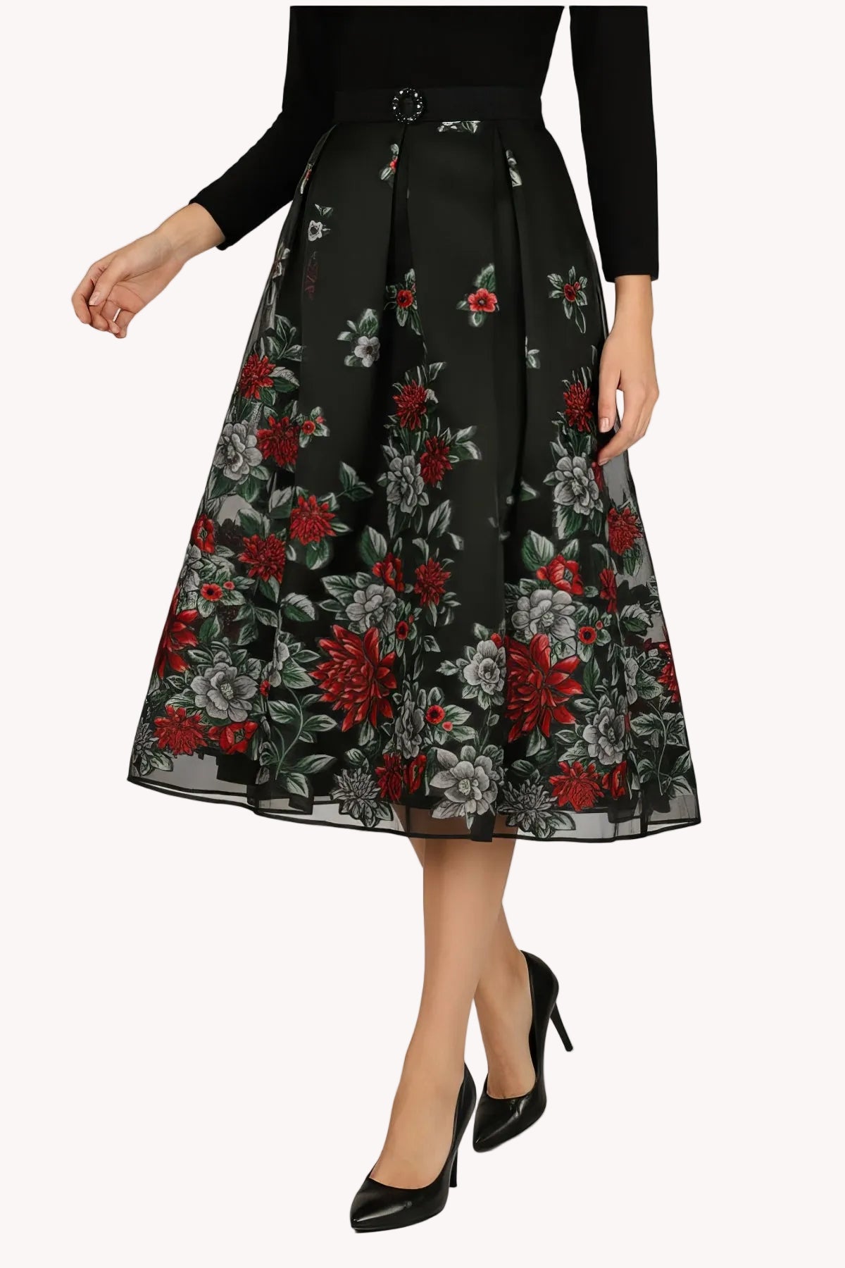 Black Embroidered Midi Skirt, Regina