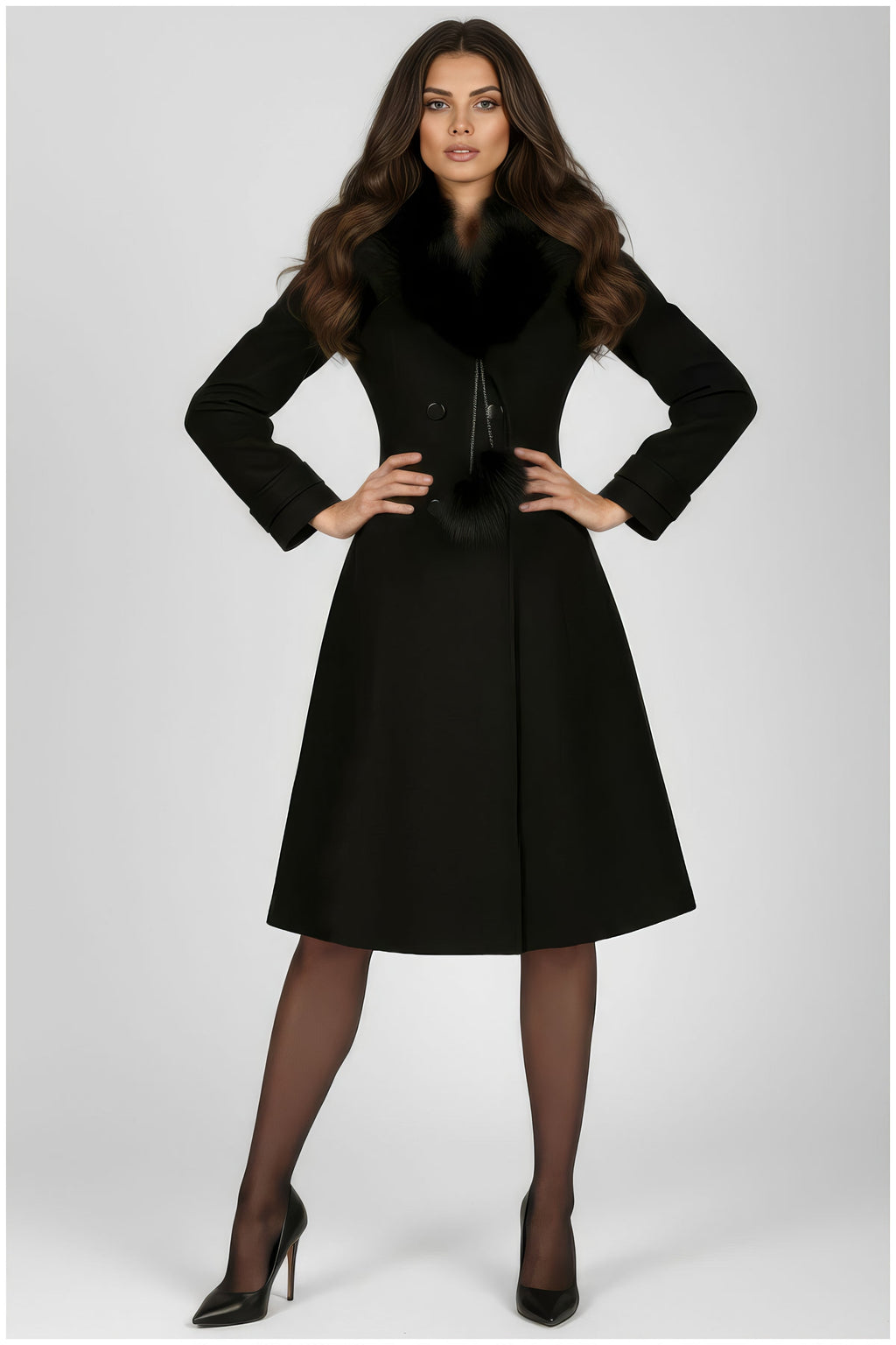 Black Wool Coat with Fur Collar, Lucy