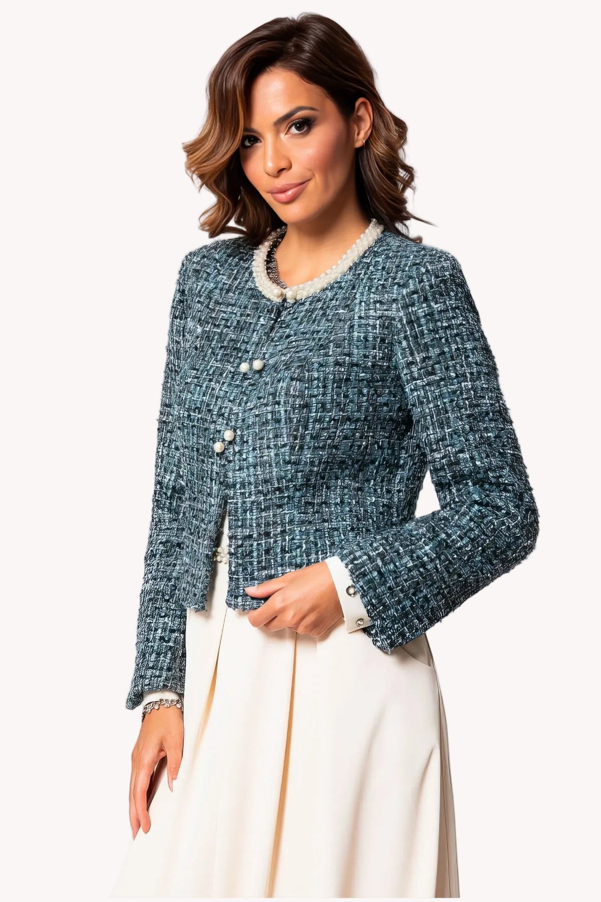 Teal Tweed Blazer with Pearl Trim, Rhea
