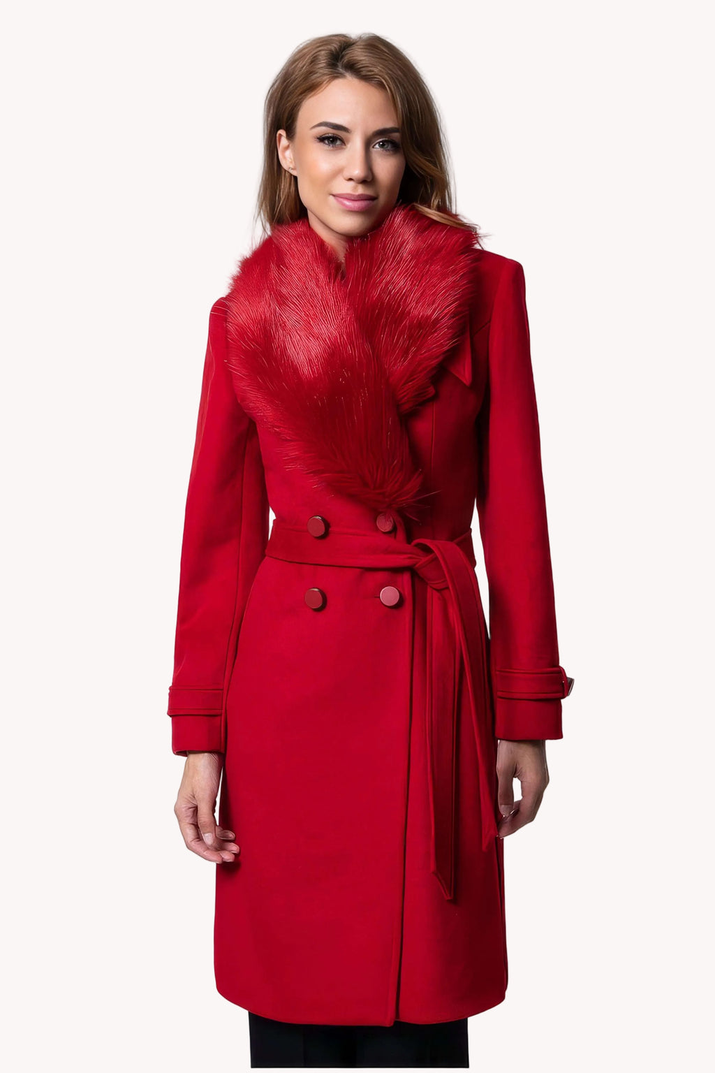 Red Wool Coat with Faux-Fur Collar, Selina