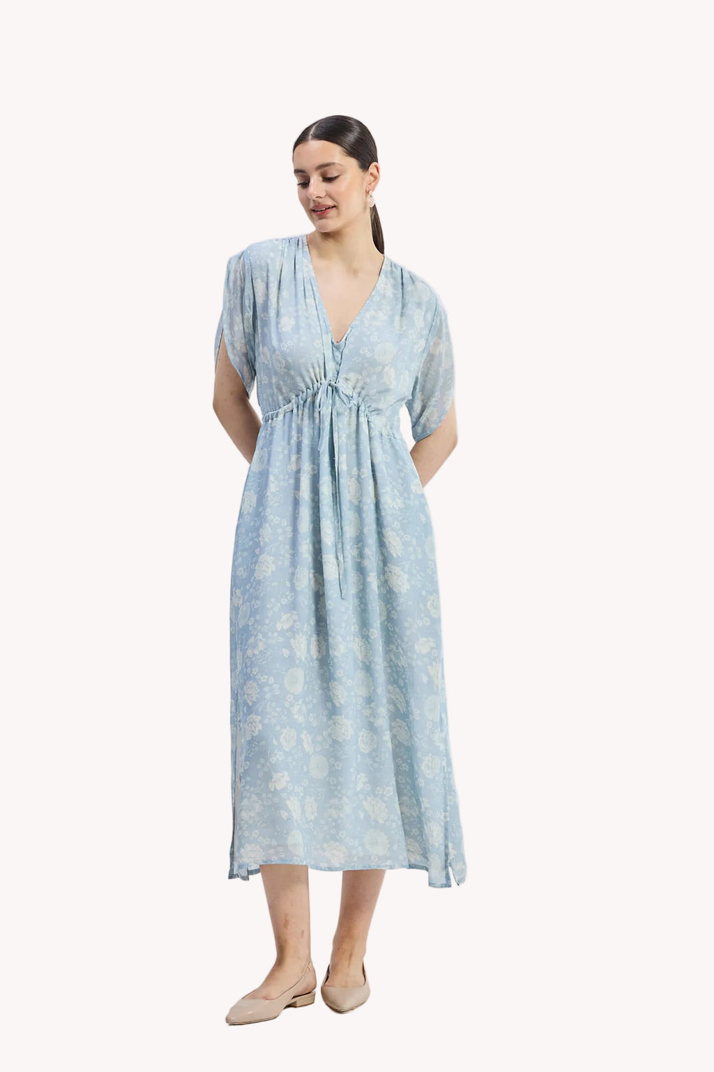 Gathered Maxi Dress with Drawstring in Blue Florals