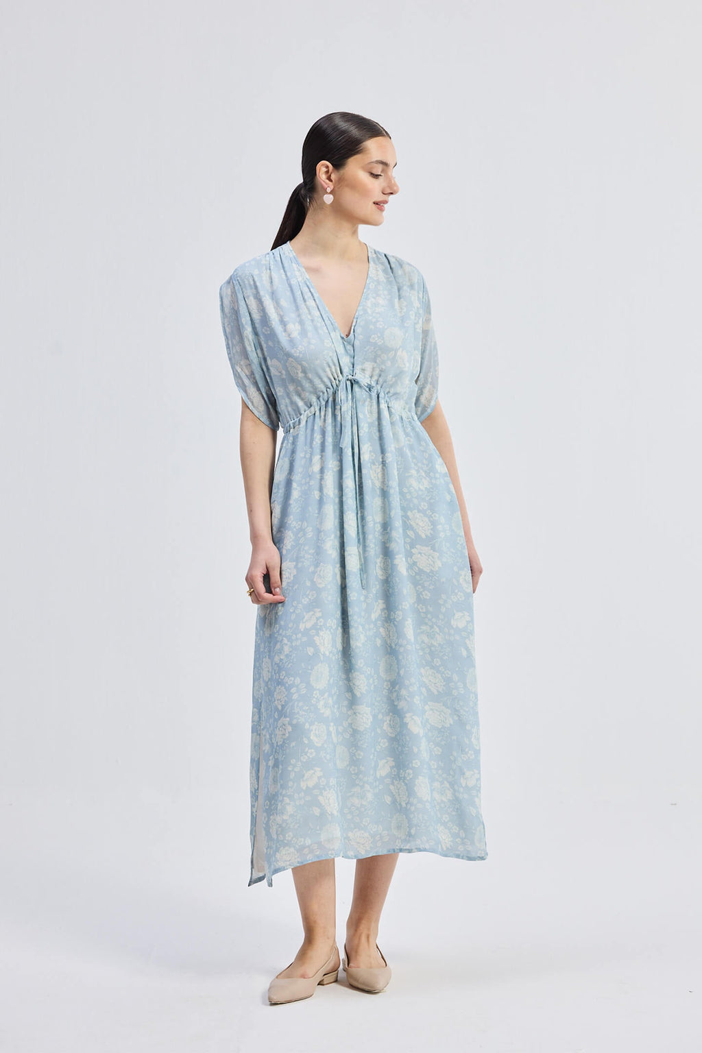 Gathered Maxi Dress with Drawstring in Blue Florals