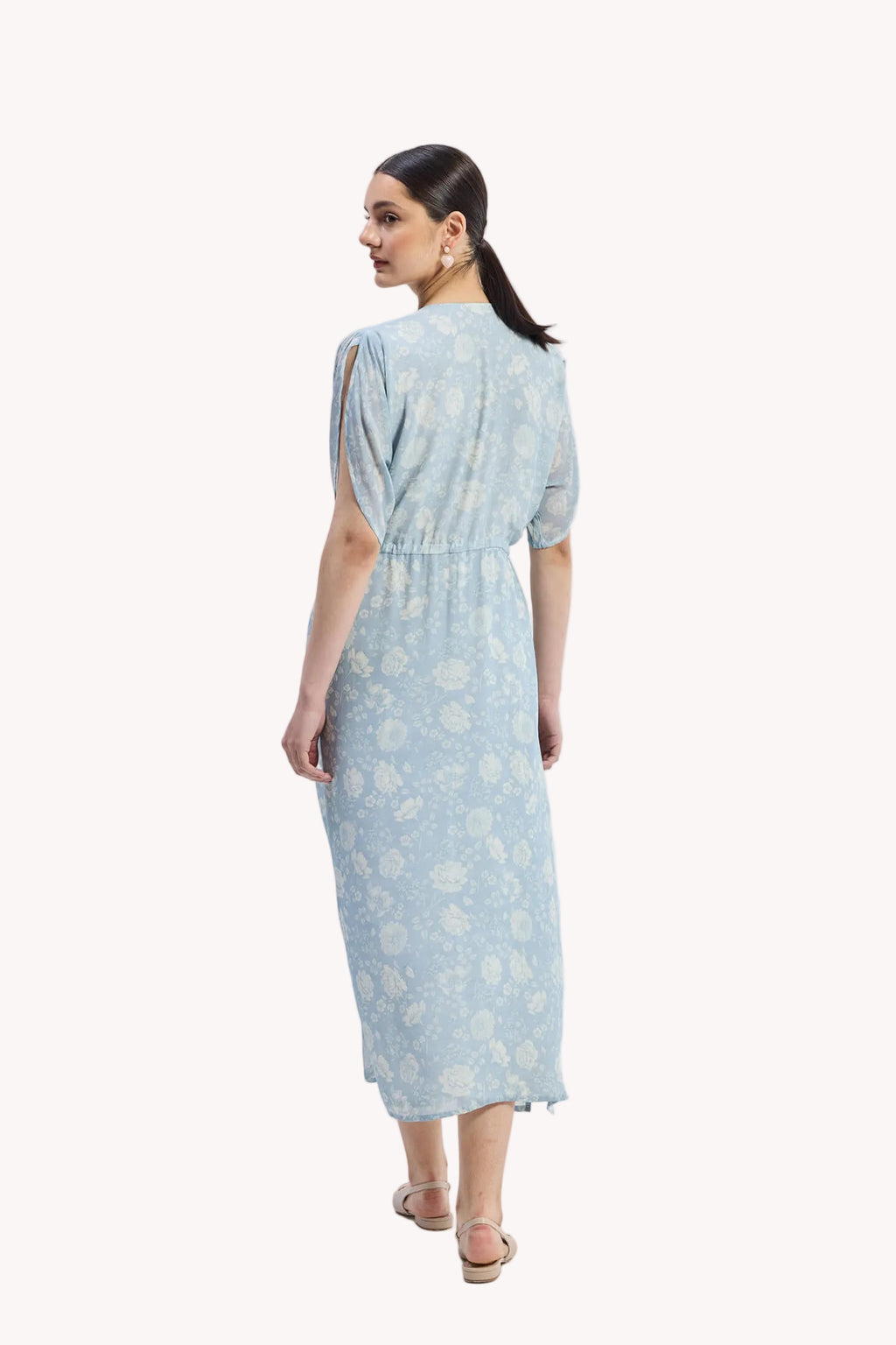 Gathered Maxi Dress with Drawstring in Blue Florals