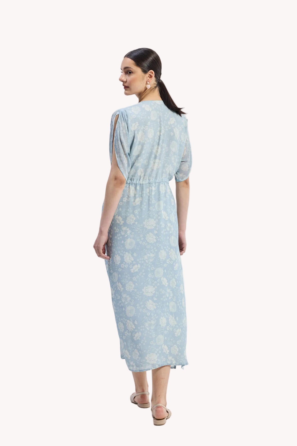Gathered Maxi Dress with Drawstring in Blue Florals
