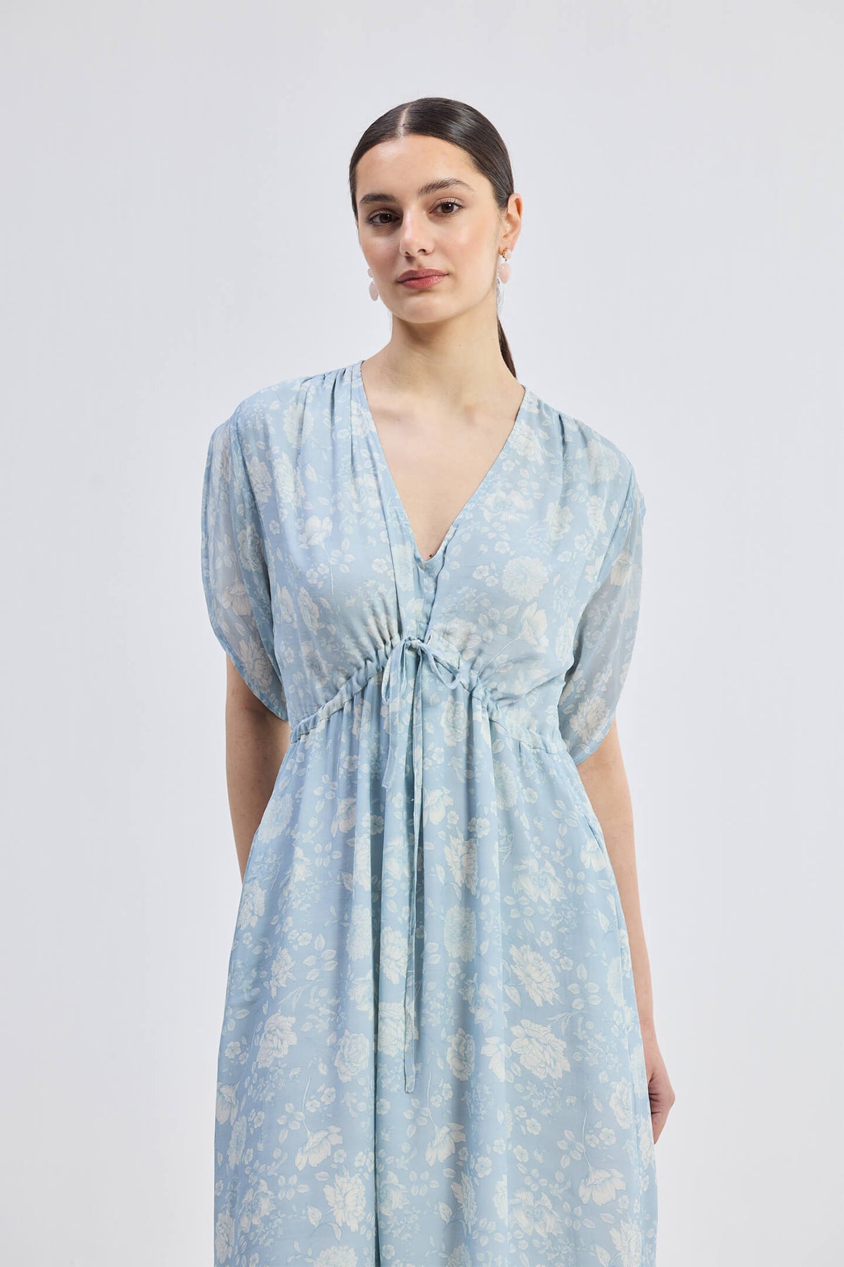 Gathered Maxi Dress with Drawstring in Blue Florals