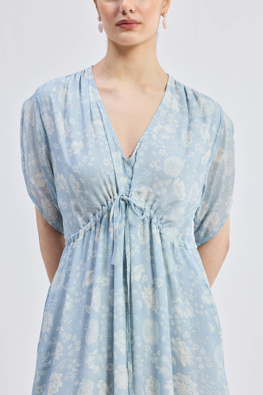 Gathered Maxi Dress with Drawstring in Blue Florals
