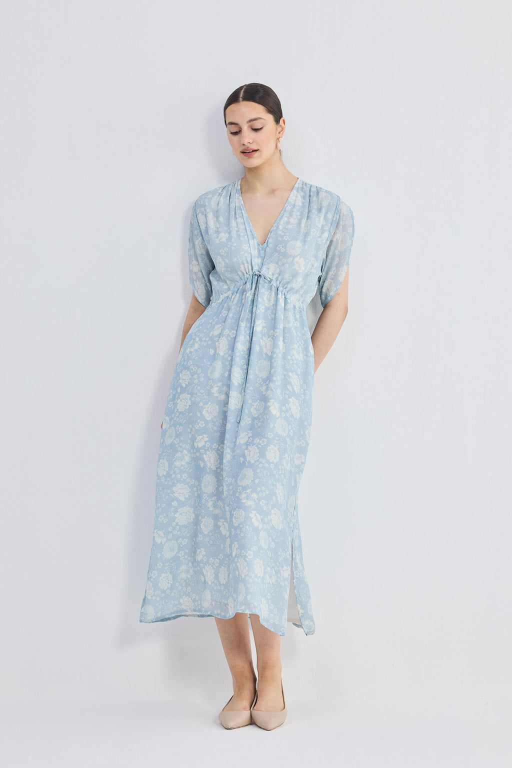 Gathered Maxi Dress with Drawstring in Blue Florals