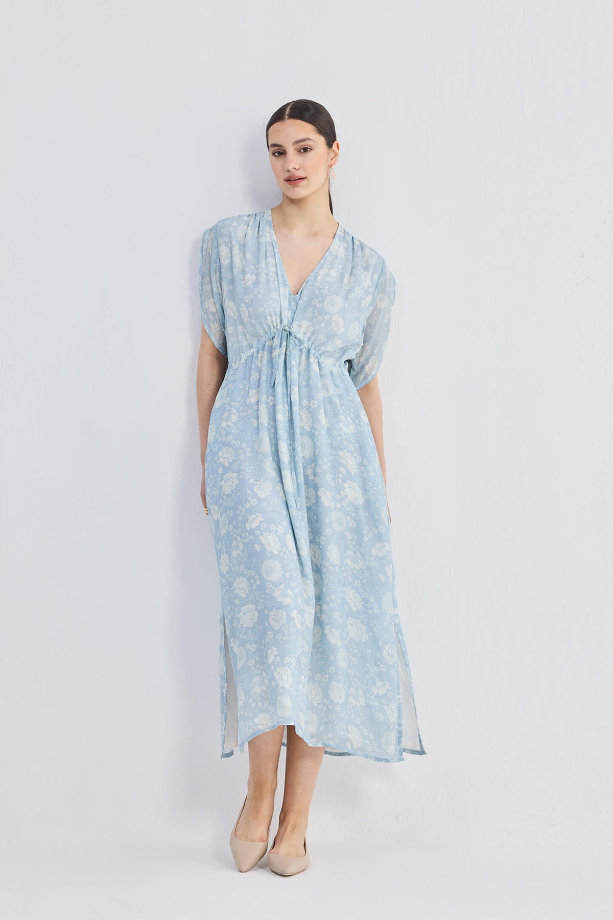 Gathered Maxi Dress with Drawstring in Blue Florals