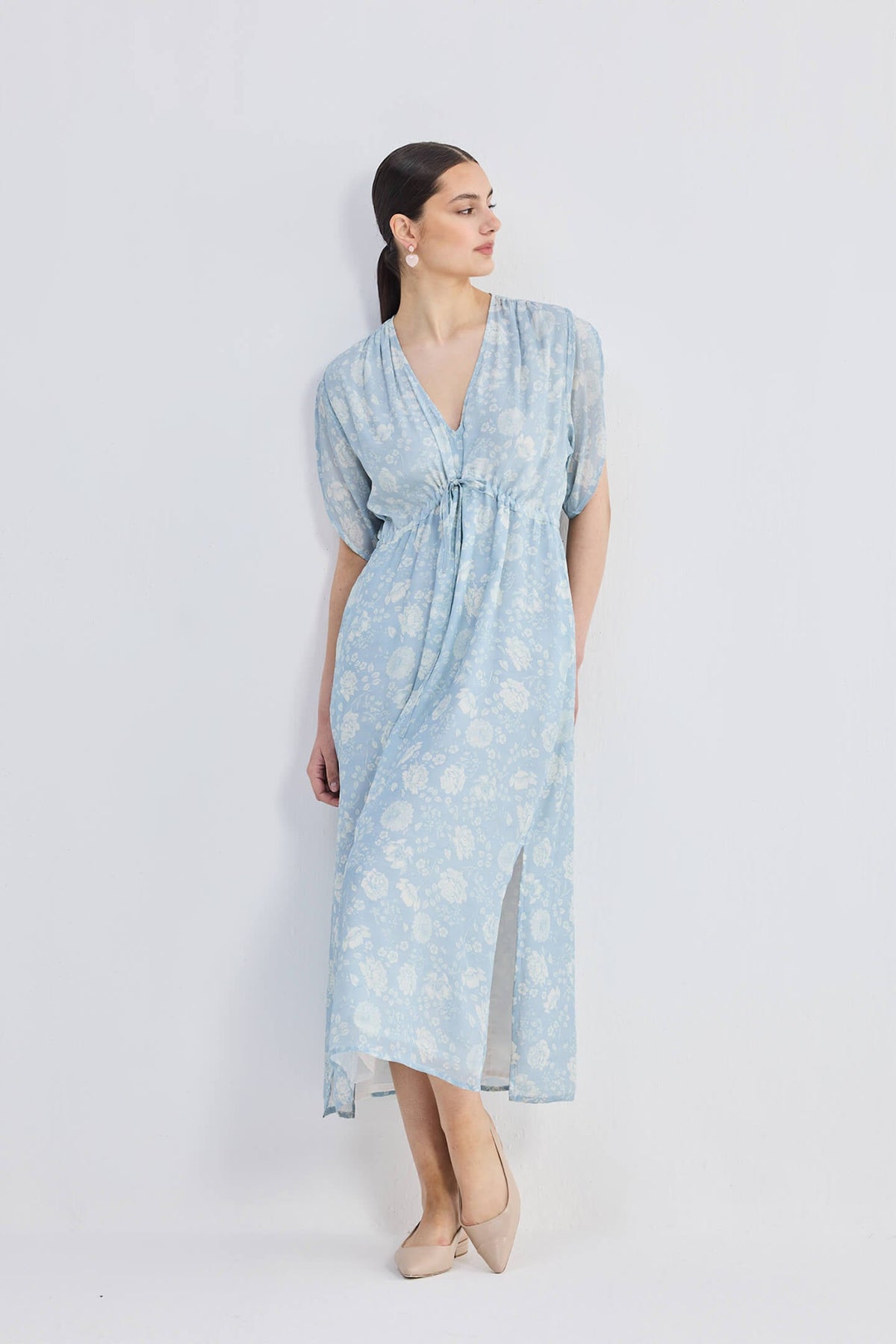 Gathered Maxi Dress with Drawstring in Blue Florals