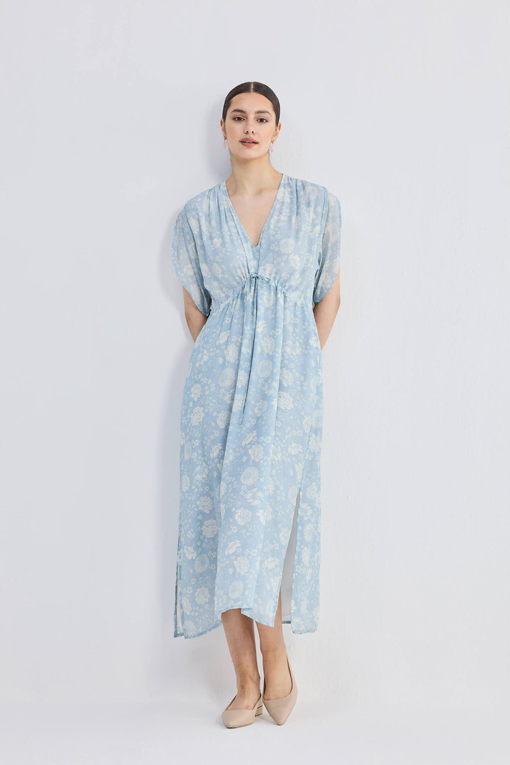Gathered Maxi Dress with Drawstring in Blue Florals