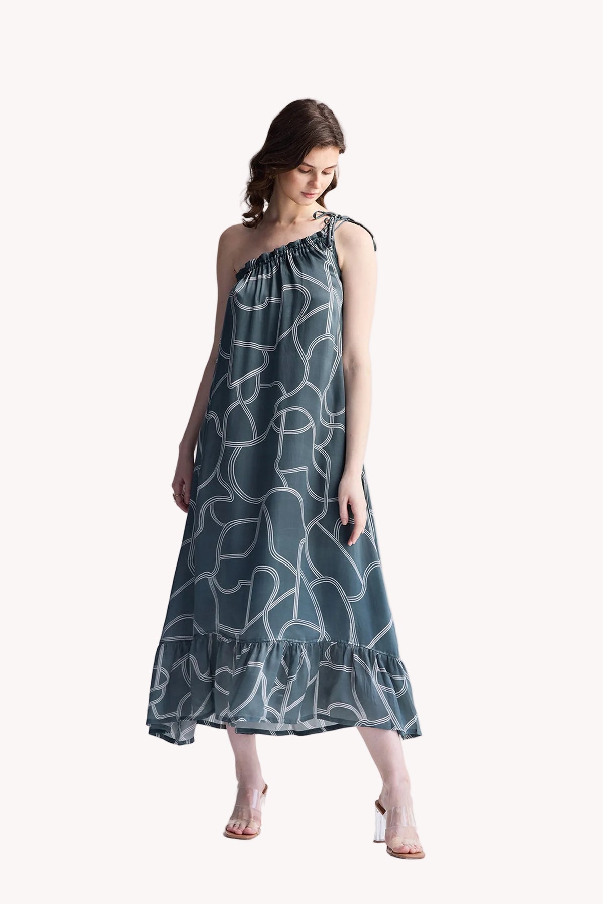 One Shoulder Maxi Dress in Abstract Stripes