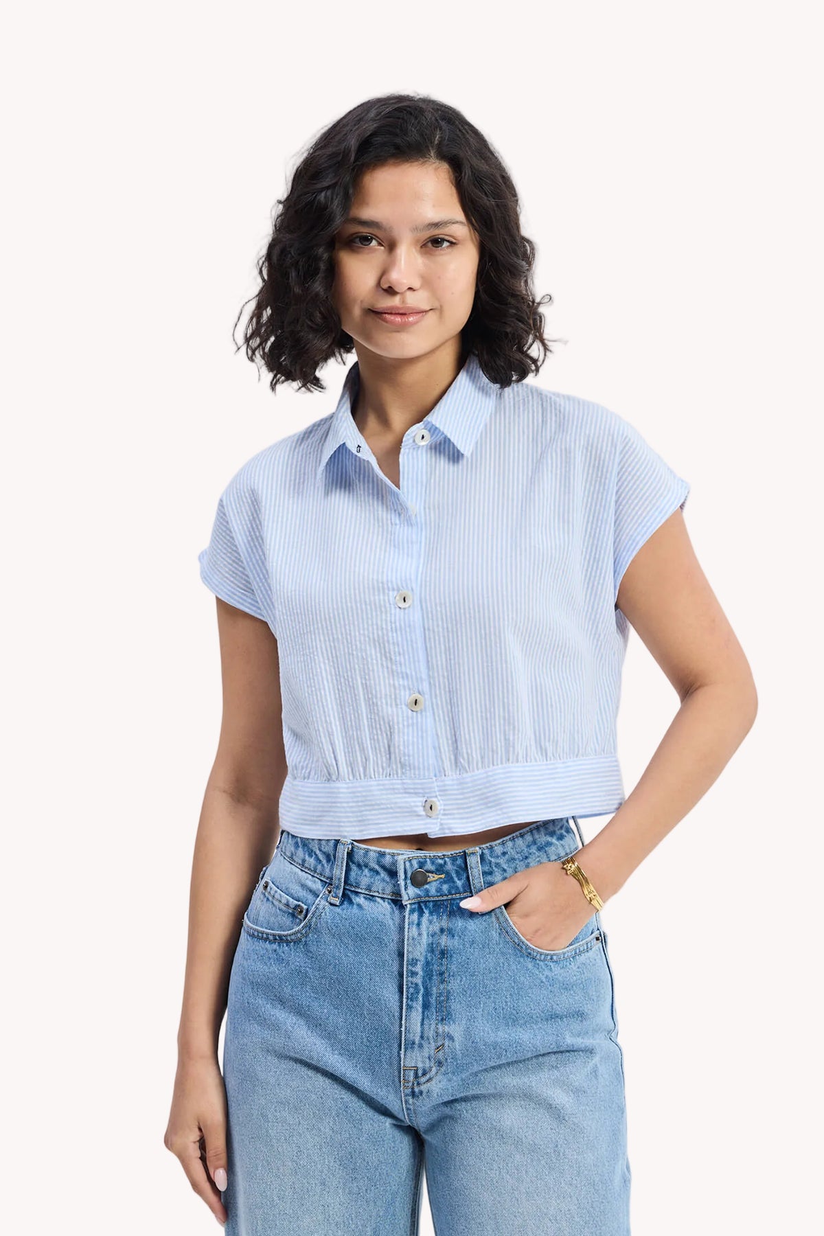 Oversized Crop Shirt in Classic Stripes