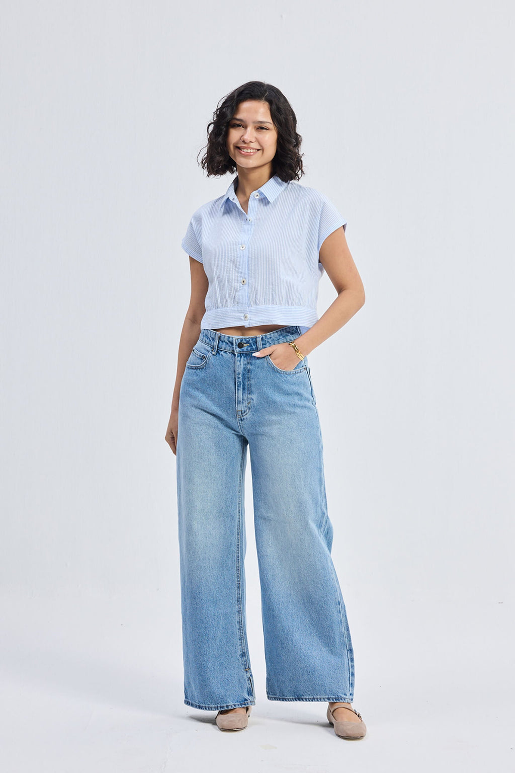 Oversized Crop Shirt in Classic Stripes