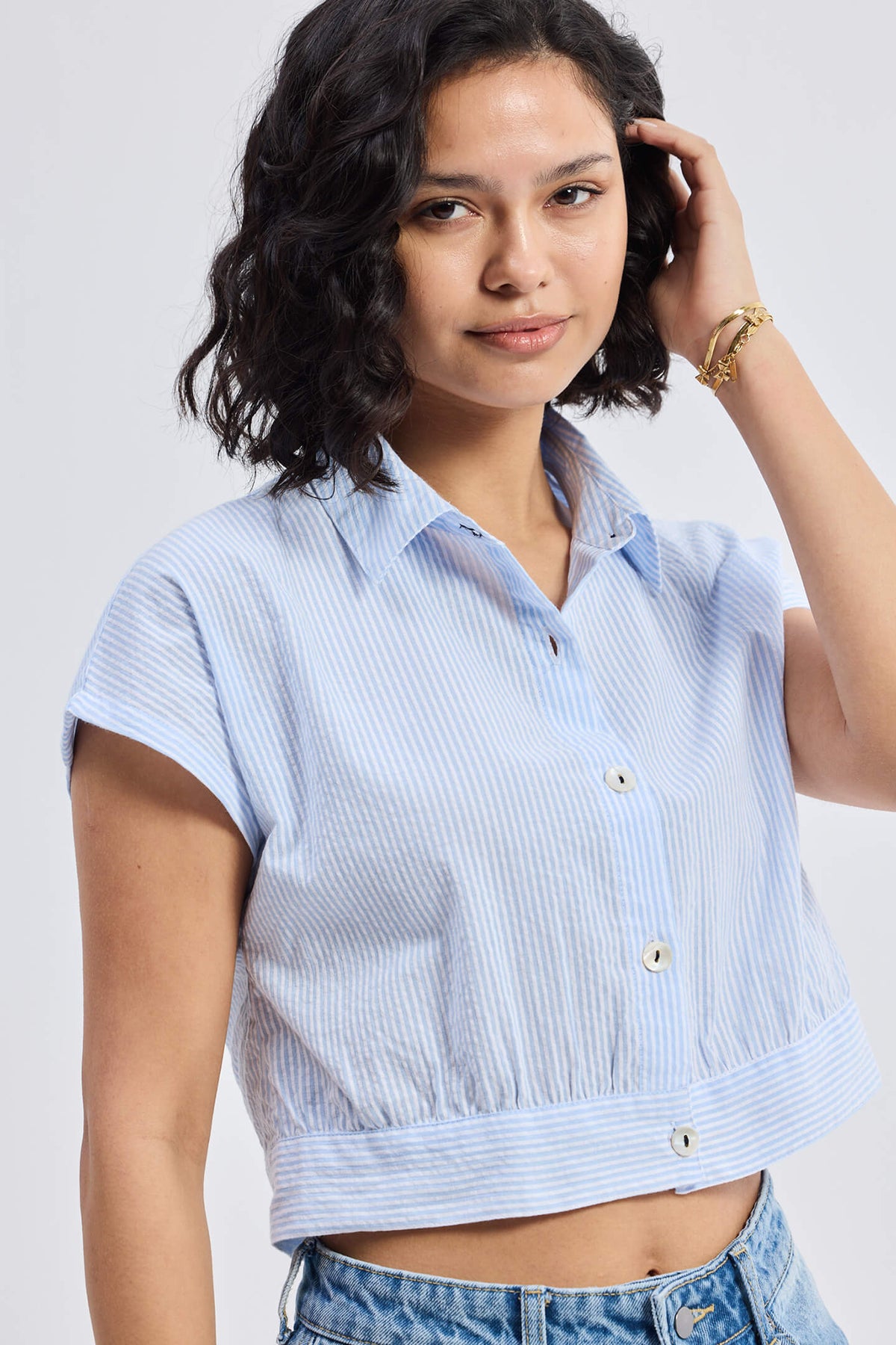 Oversized Crop Shirt in Classic Stripes