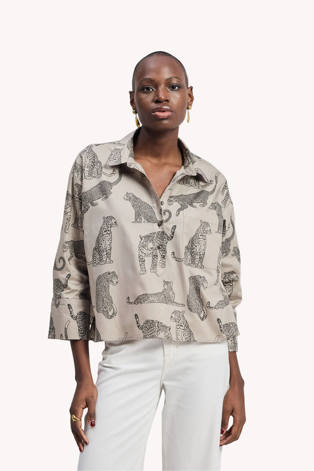 Oversized Cropped Front-buttoned Shirt In Animal Print