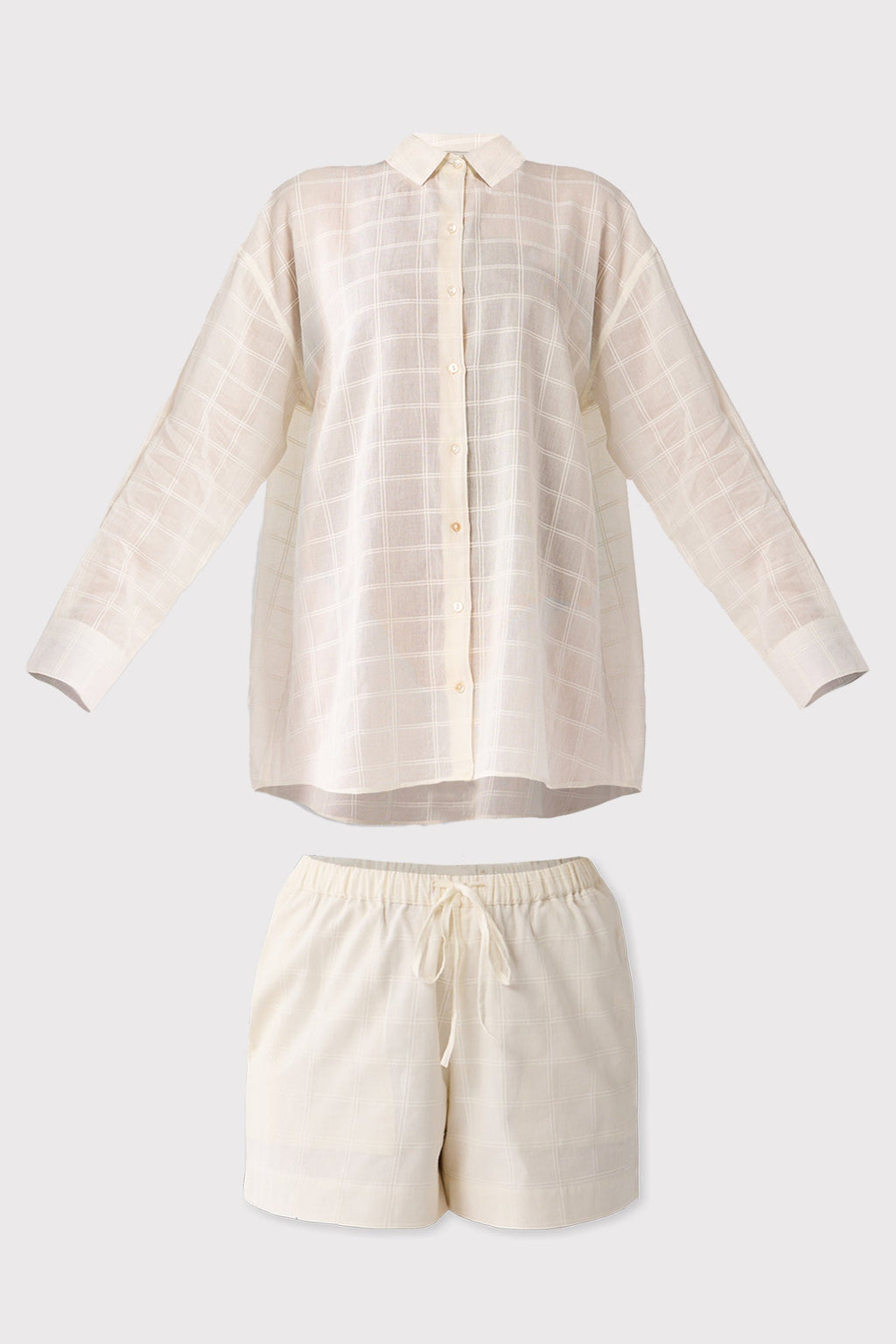 Oversized Shirt & Shorts Set in Off-White Textured Cotton