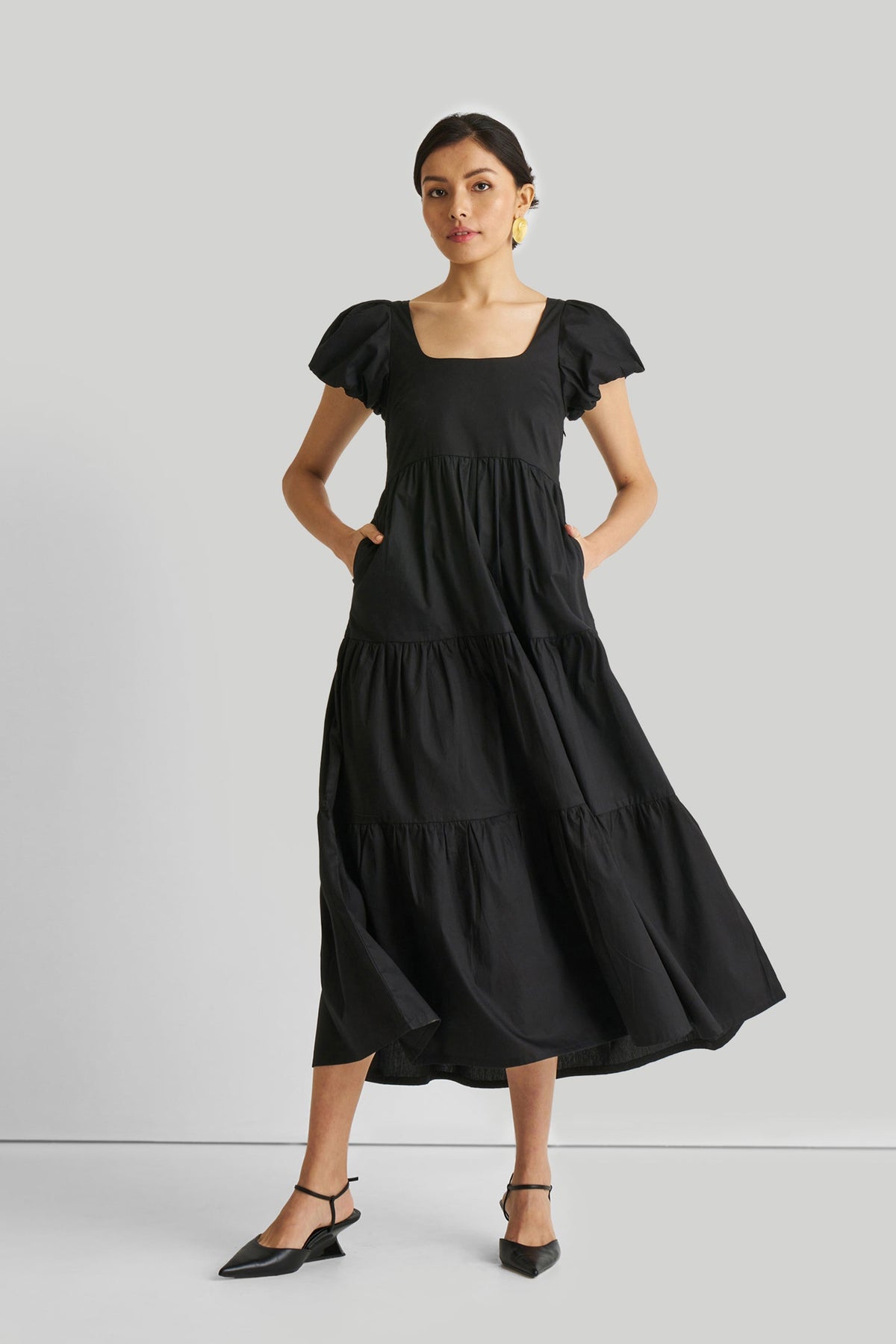 Puff Sleeve Tiered Maxi Dress in Black