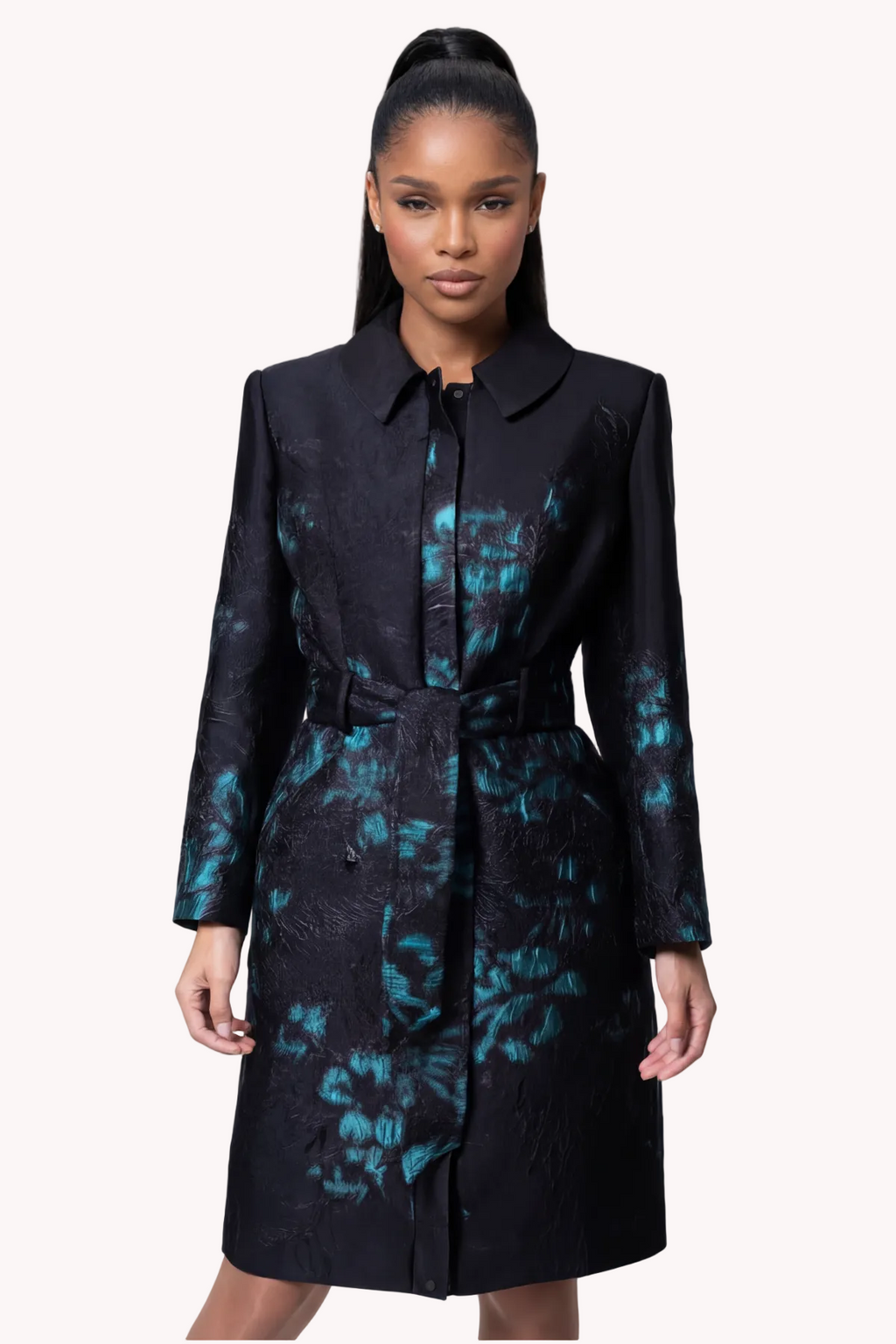 Teal Floral Jacquard Light Coat, Emma