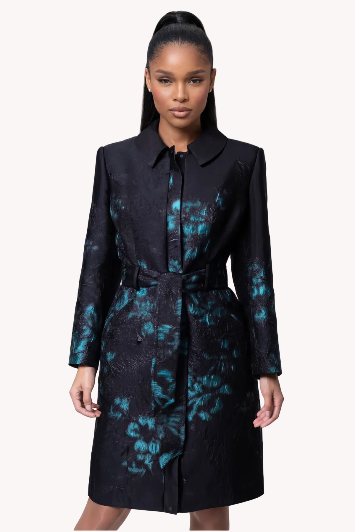 Teal Floral Jacquard Light Coat, Emma