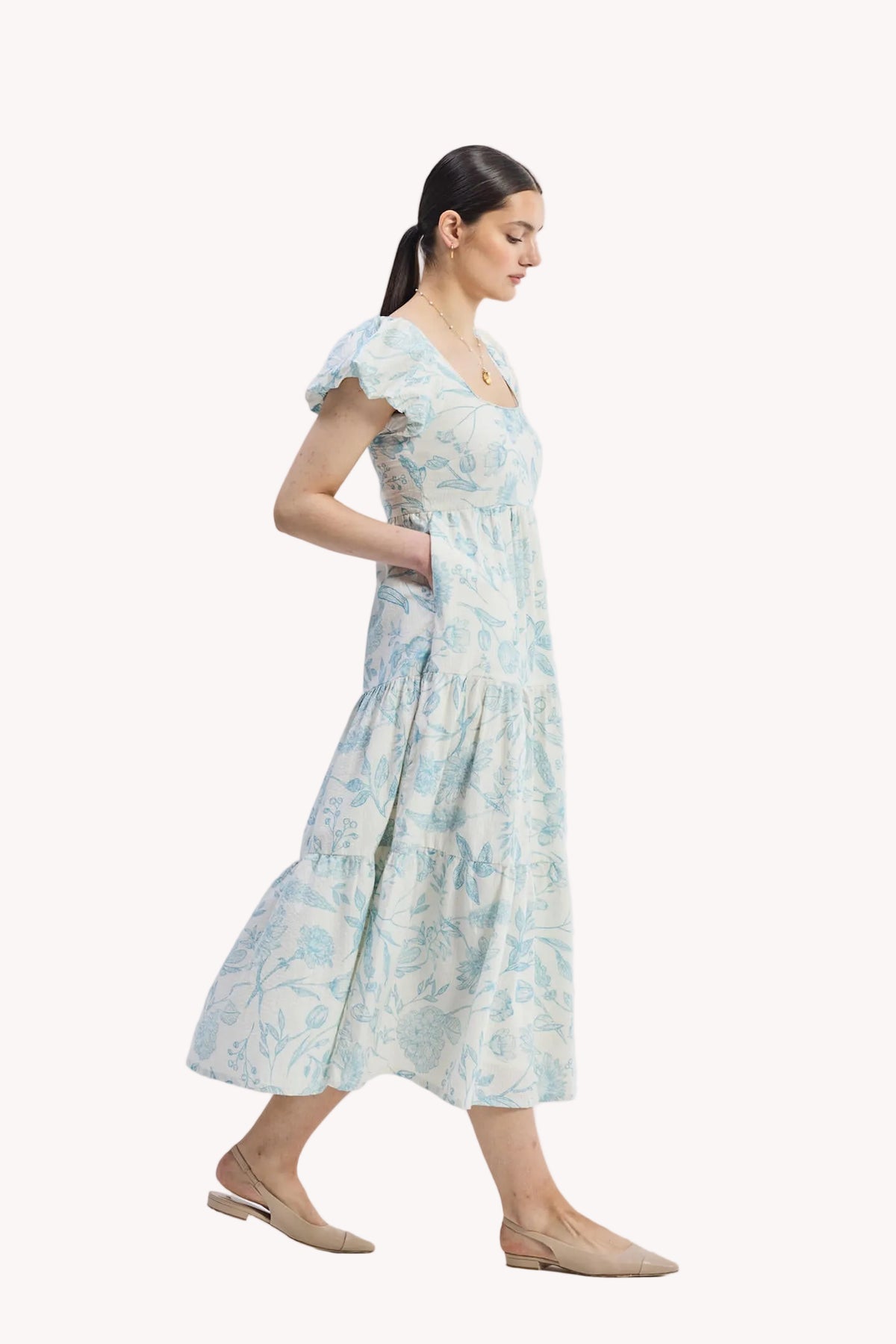 Puff Sleeve Tiered Maxi Dress in Blue Florals