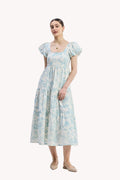 Puff Sleeve Tiered Maxi Dress in Blue Florals