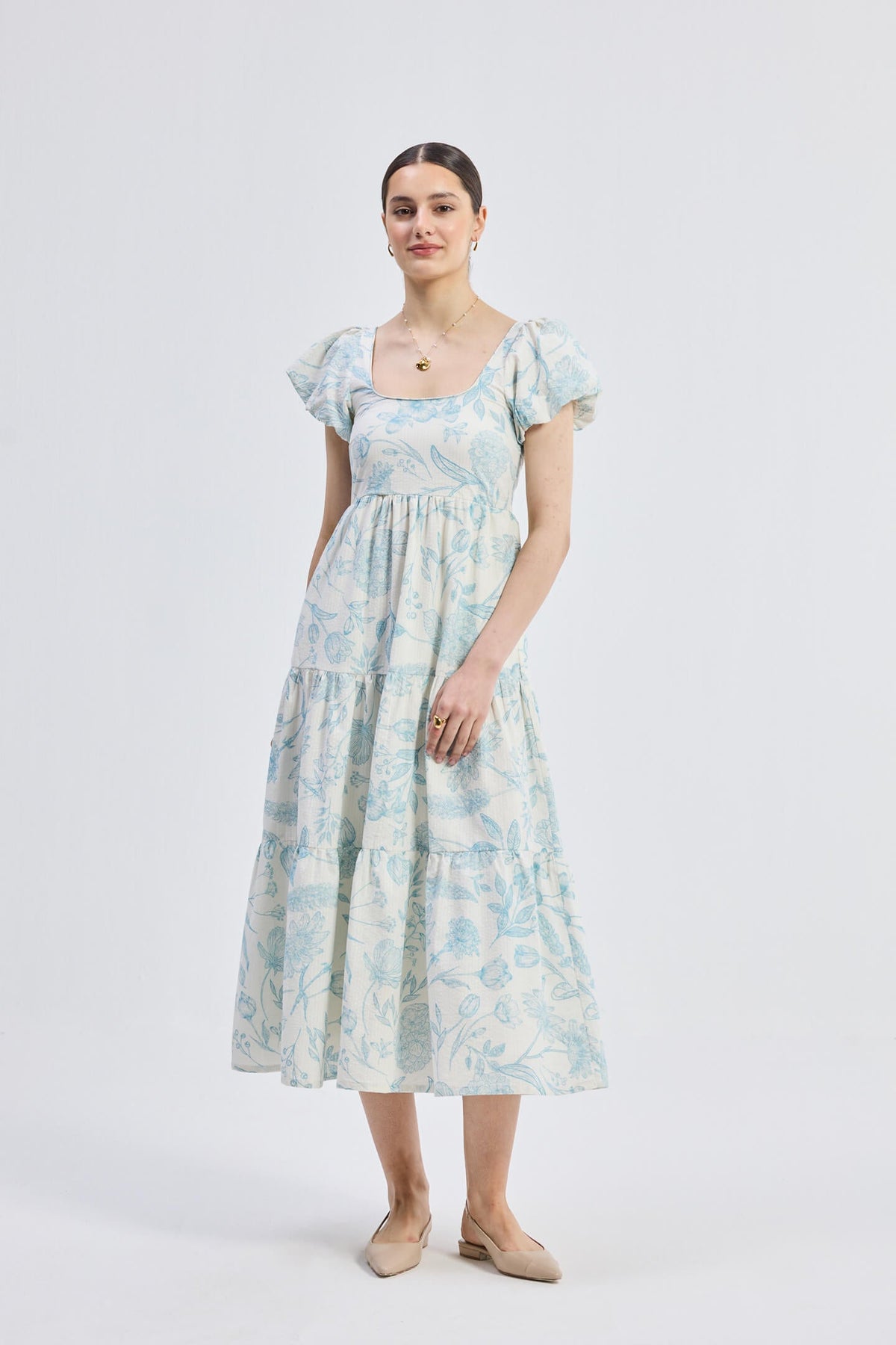 Puff Sleeve Tiered Maxi Dress in Blue Florals