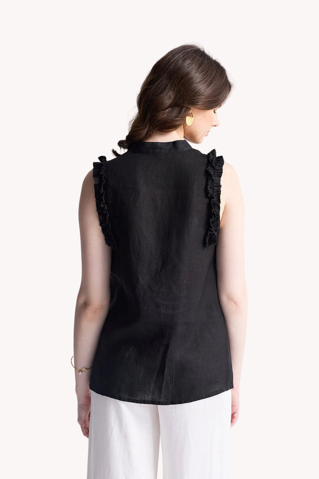 Sleeveless Hemp Top with Ruffles in Black