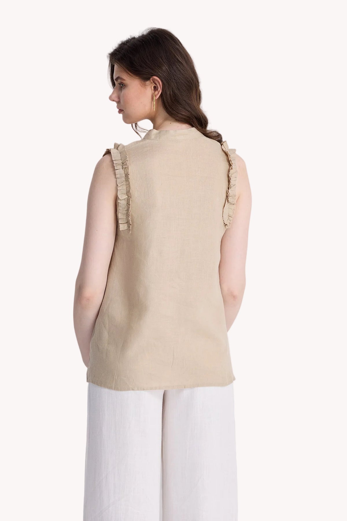 Sleeveless Hemp Top with Ruffles in Neutral Beige