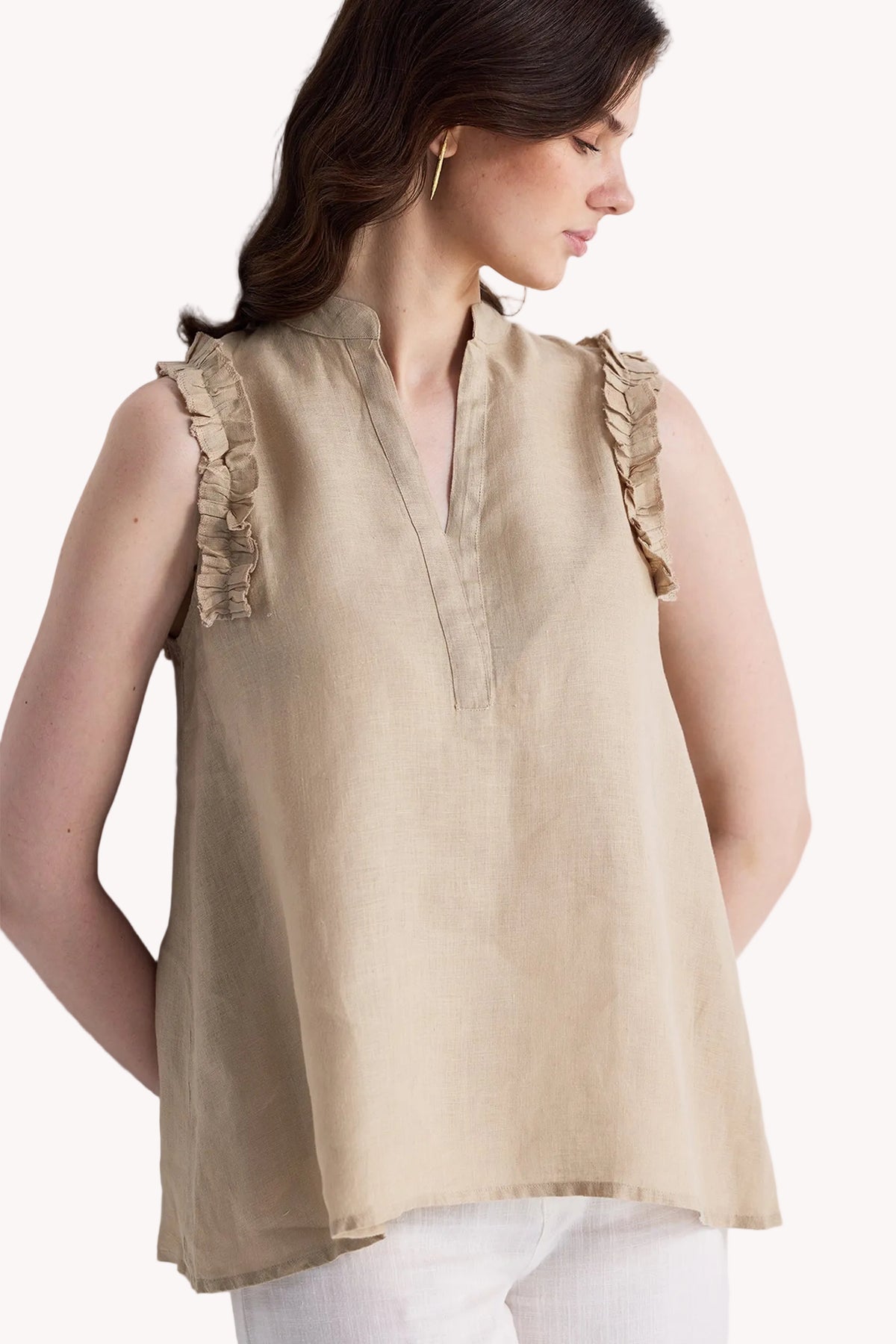 Sleeveless Hemp Top with Ruffles in Neutral Beige