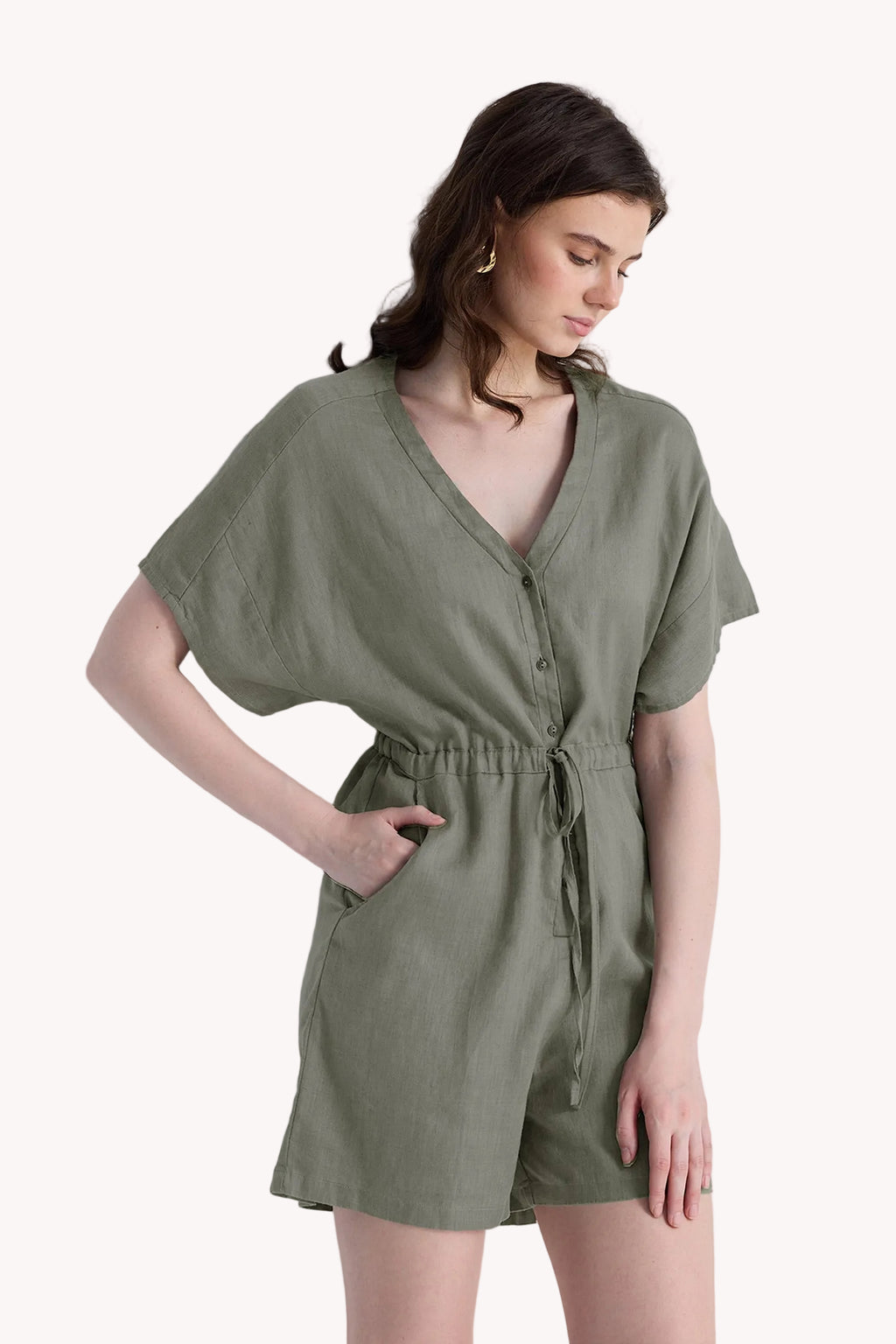 V neck Drawstring Romper in Dark Green