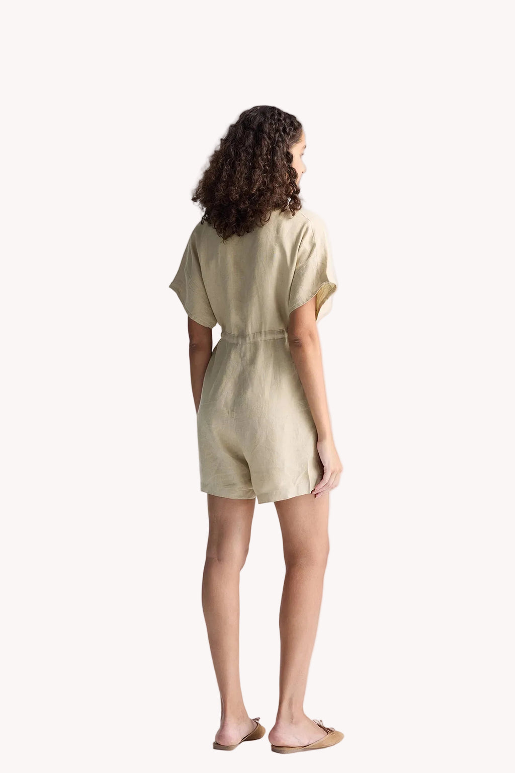 V neck Drawstring Romper in Neutral Beige