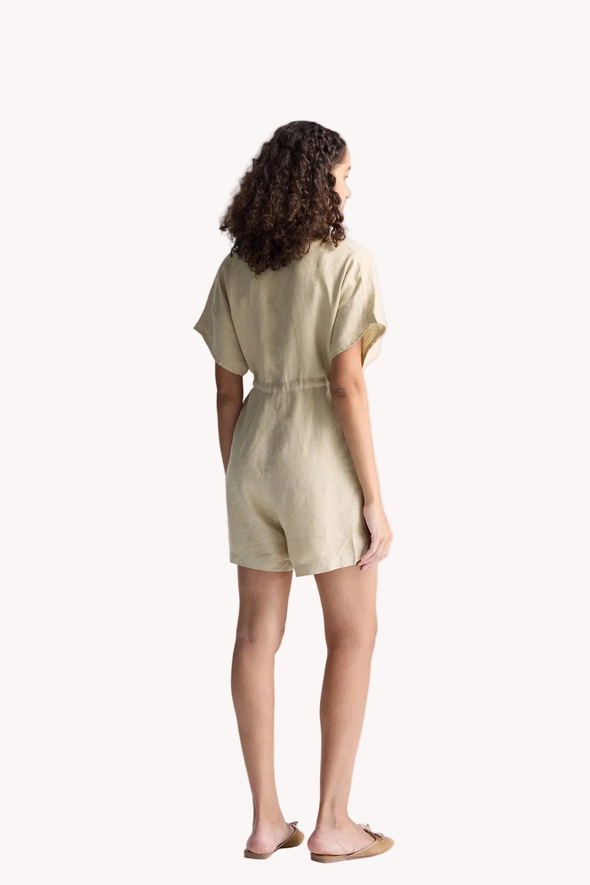 V neck Drawstring Romper in Neutral Beige