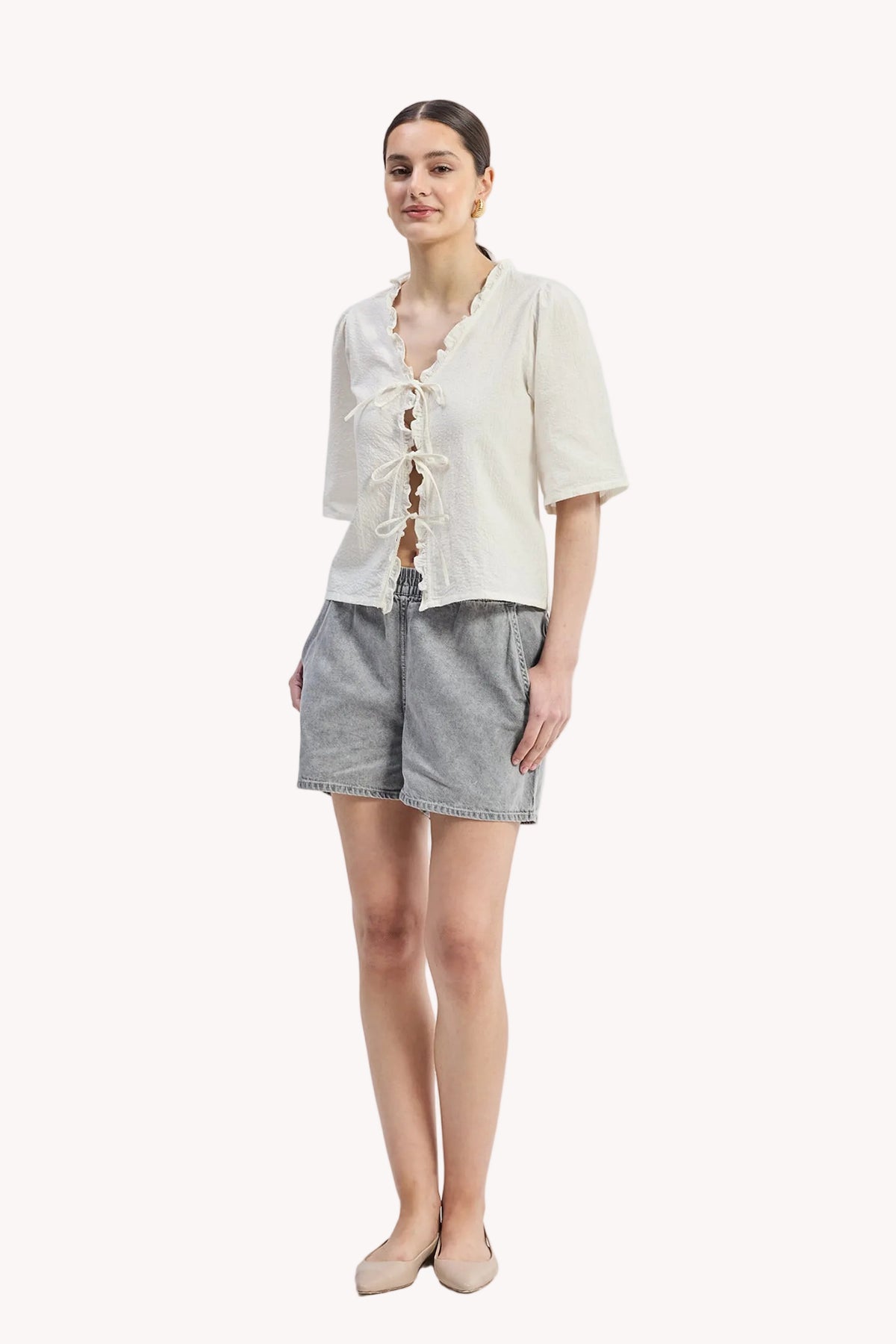 Relaxed Fit Top With Ruffles and Front-Ties in Cream