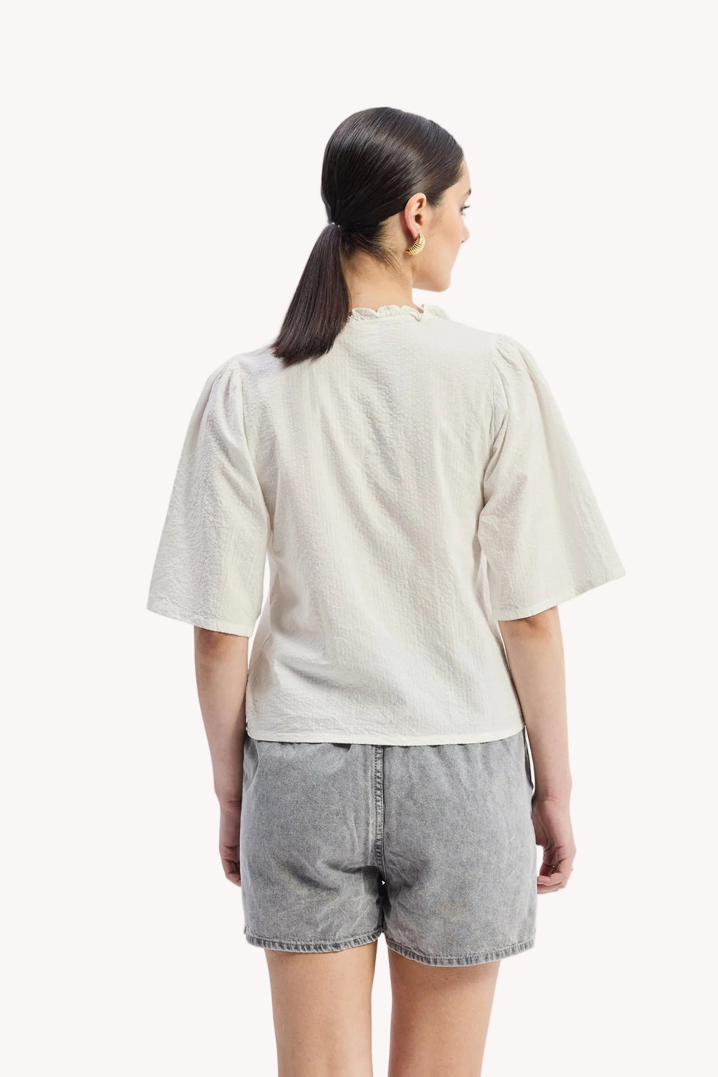 Relaxed Fit Top With Ruffles and Front-Ties in Cream