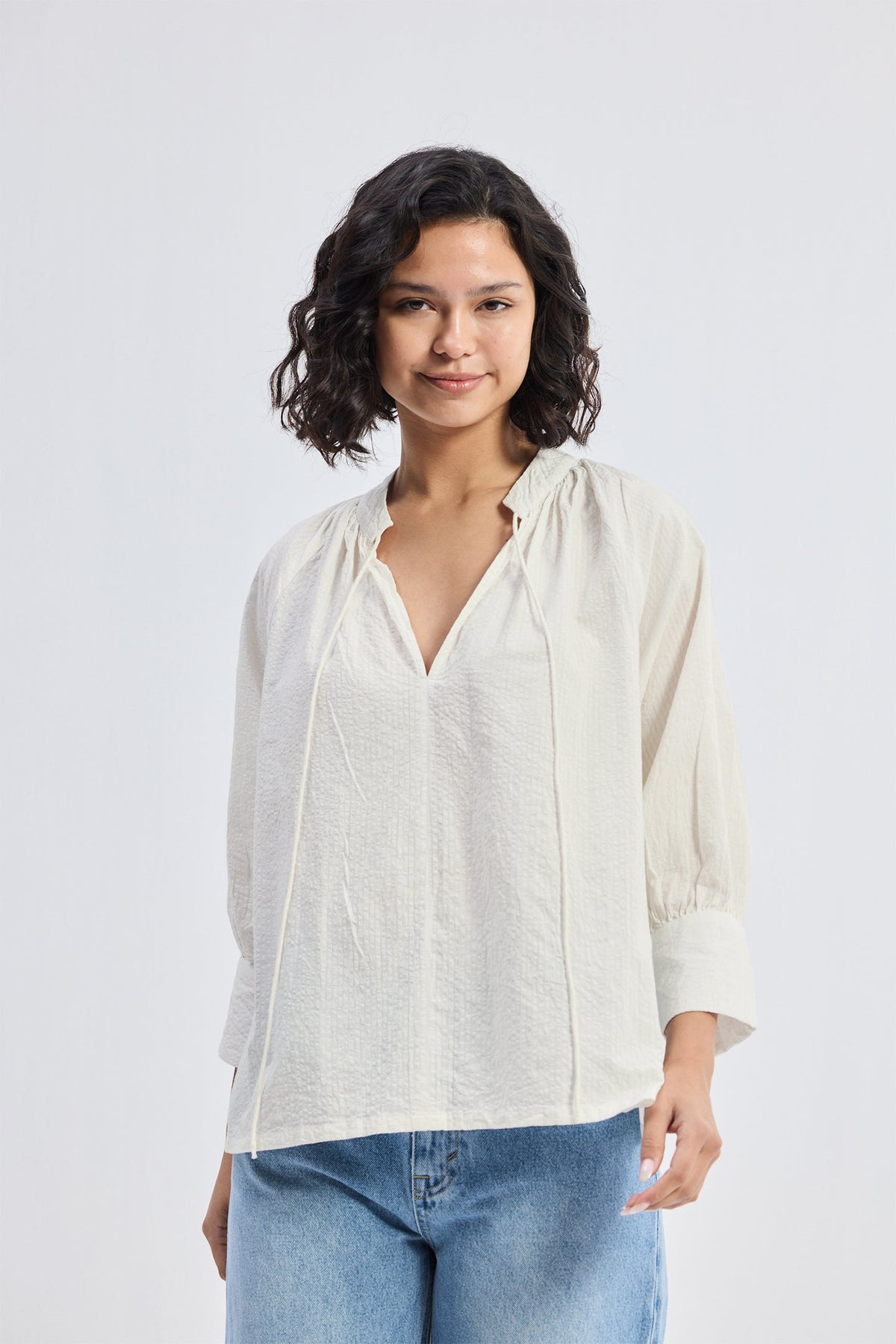 Relaxed Fit Top with Front-tie in Cream