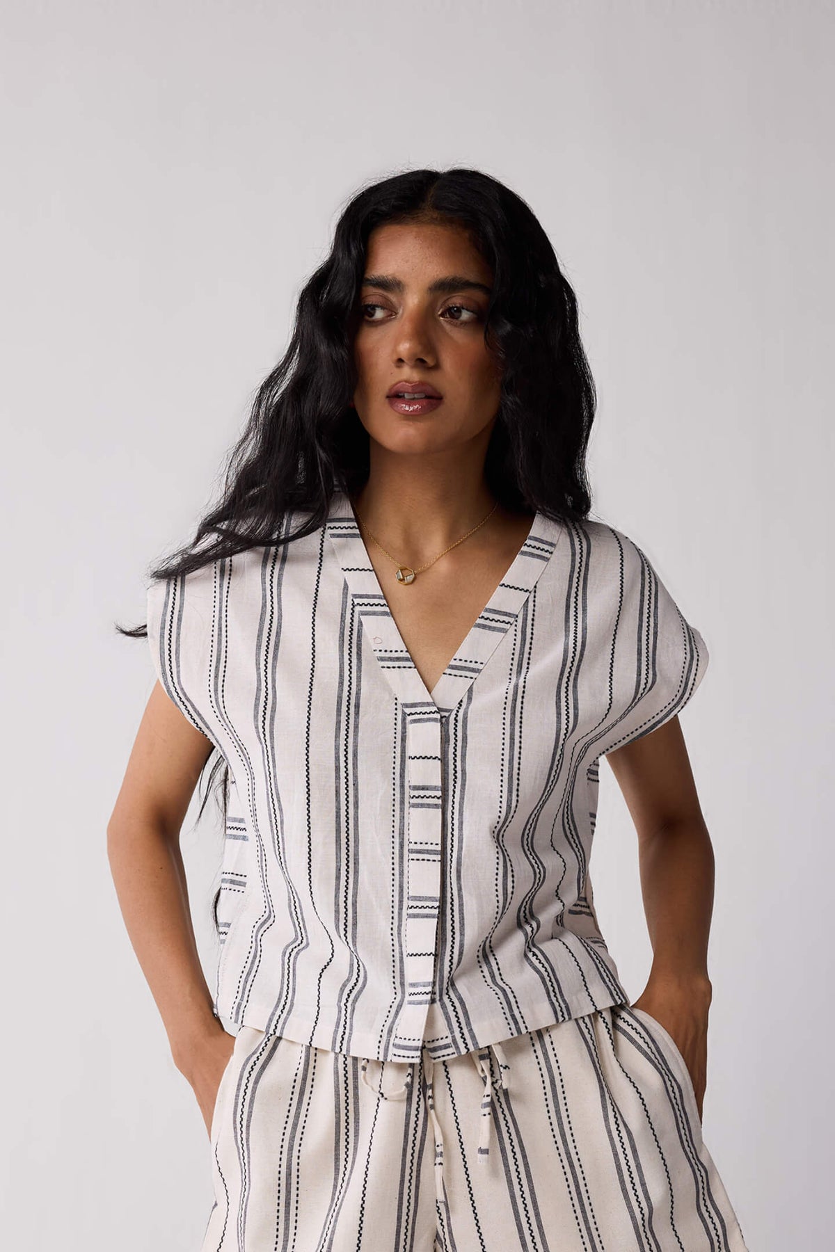 Relaxed V-neck Top in Stripes