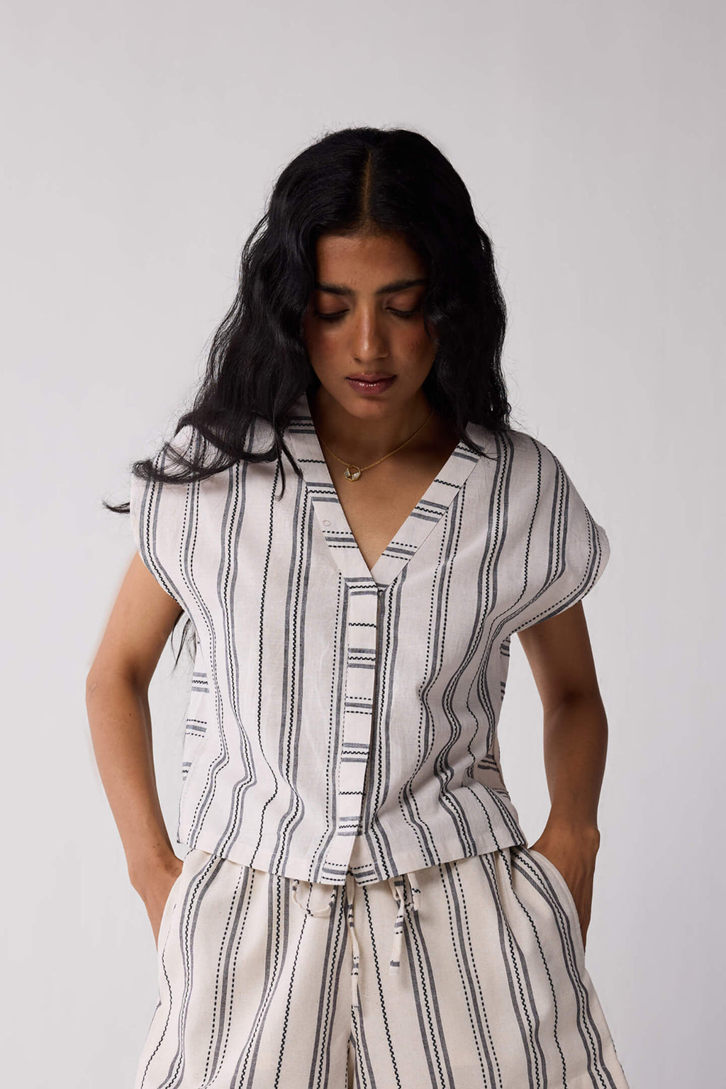 Relaxed V-neck Top in Stripes