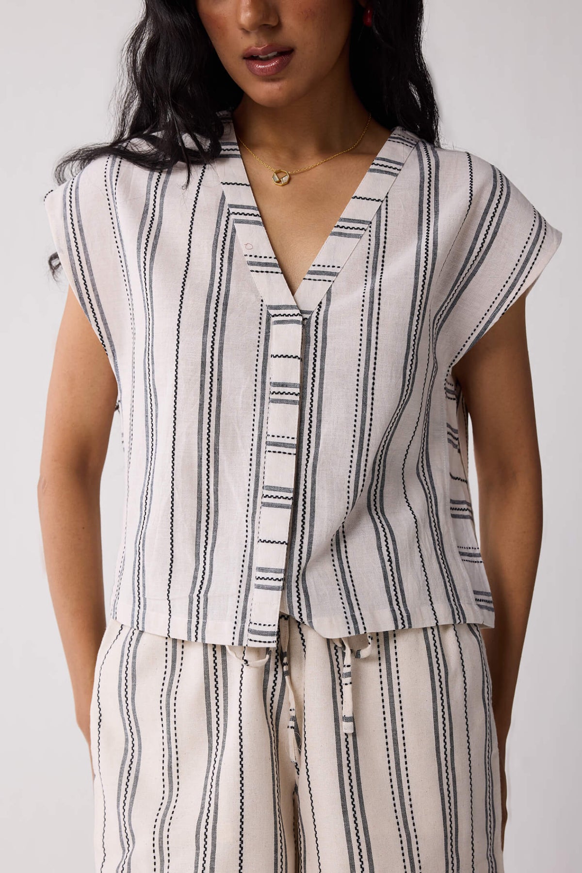 Relaxed V-neck Top in Stripes