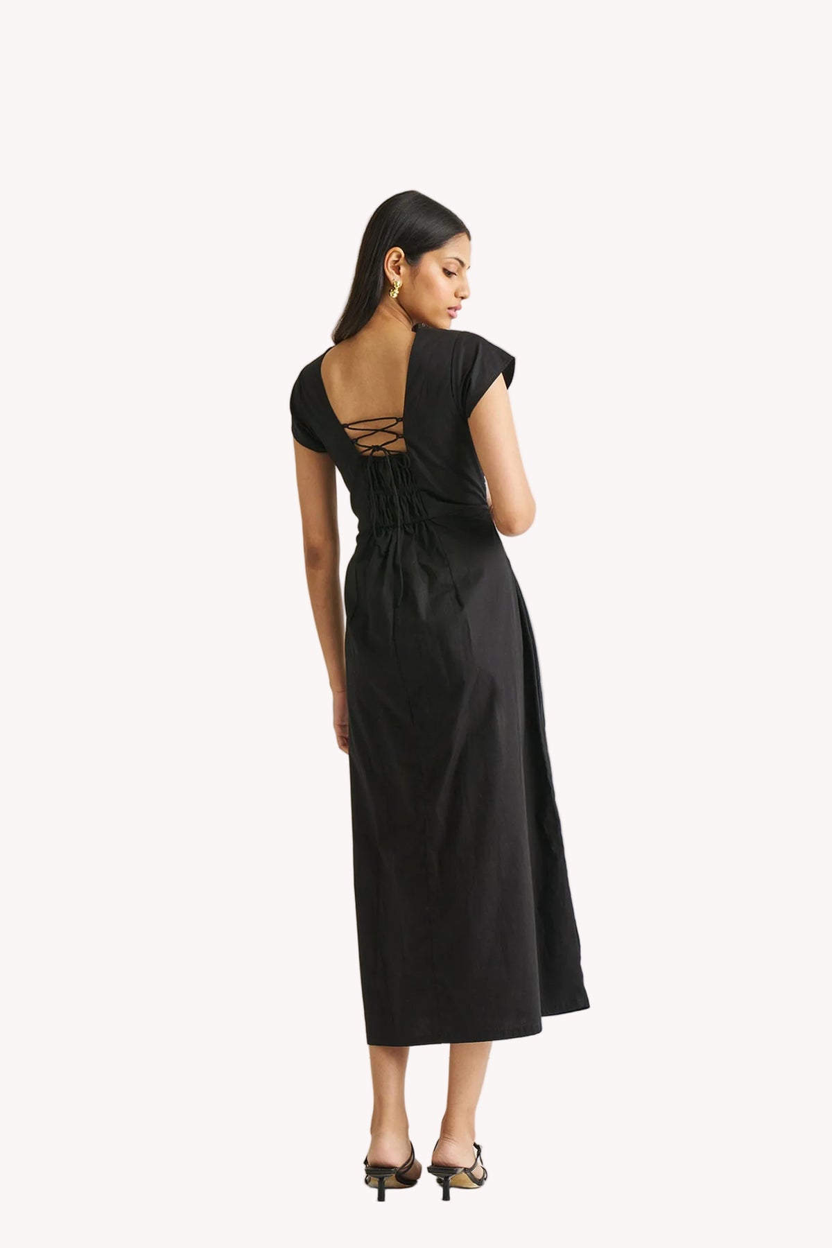 Ruched Dress with Front Slit in Black