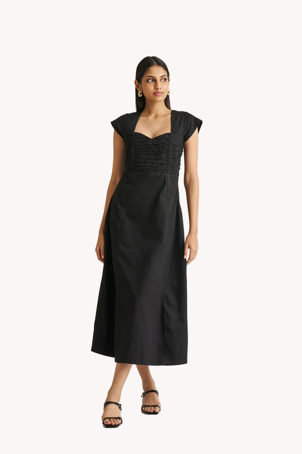 Ruched Dress with Front Slit in Black