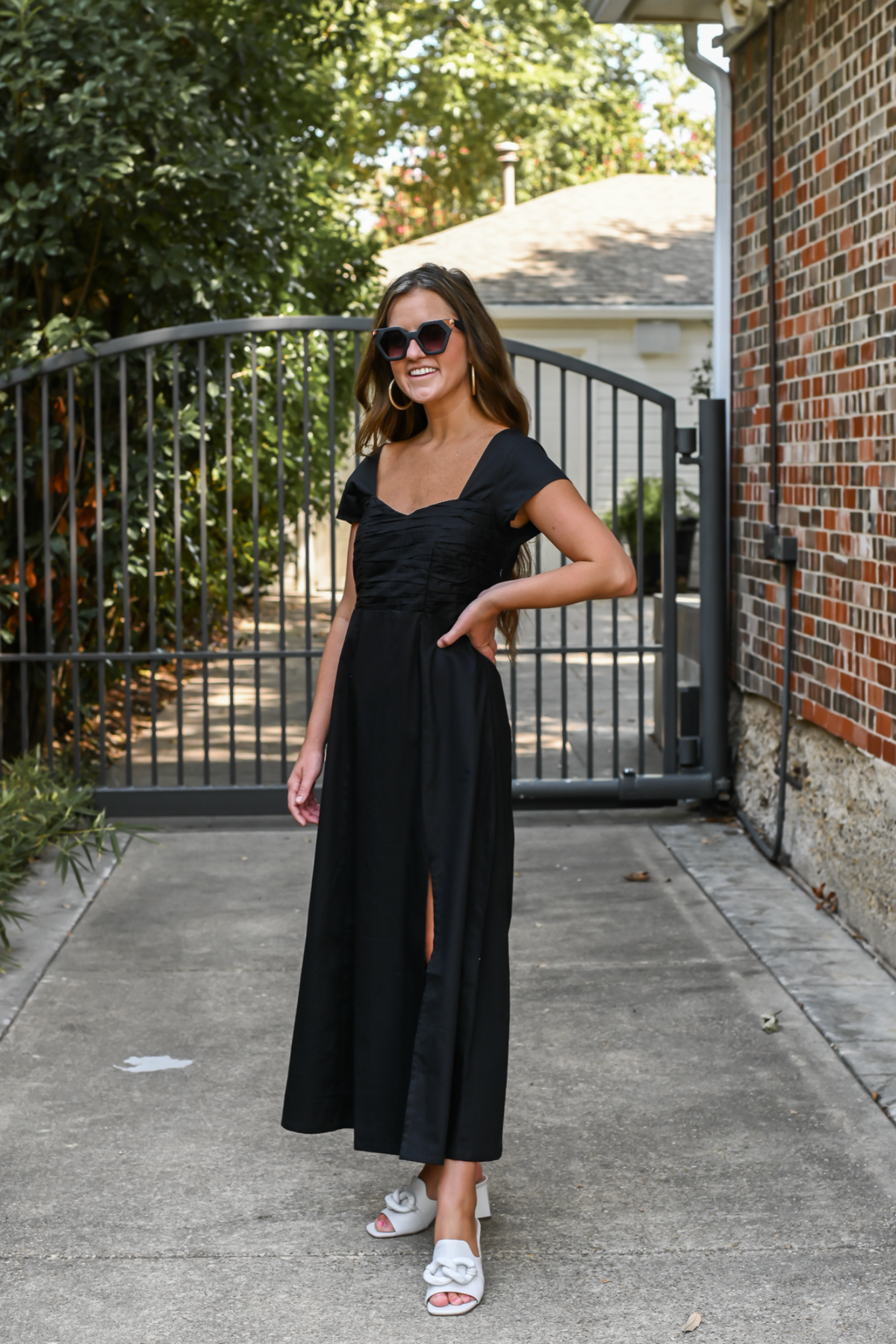 Ruched Dress with Front Slit in Black