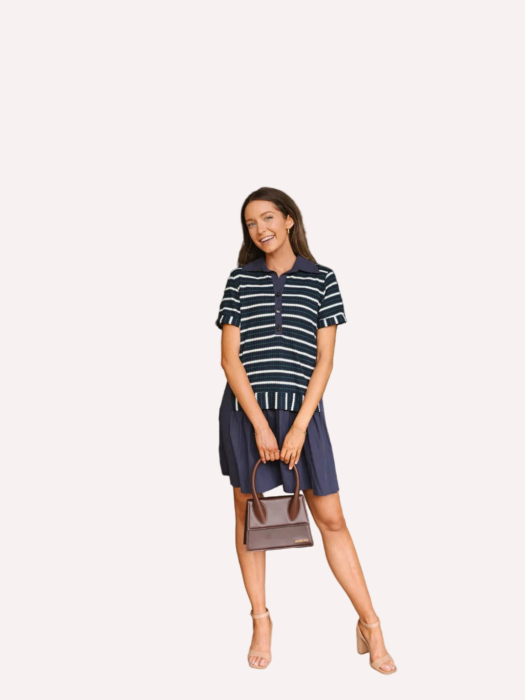 Striped Knit Top with Attached Skirt, Navy