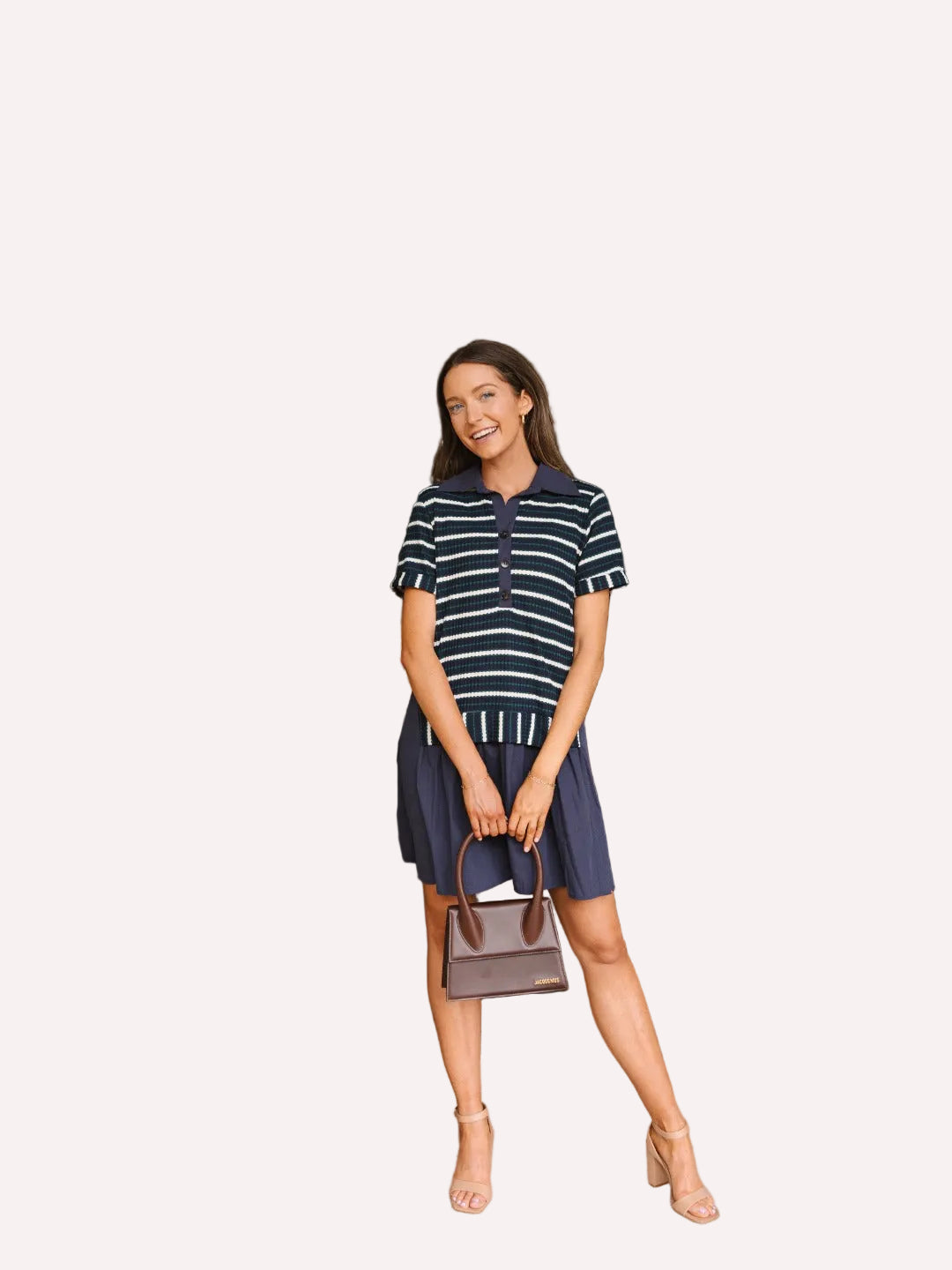 Striped Knit Top with Attached Skirt, Navy