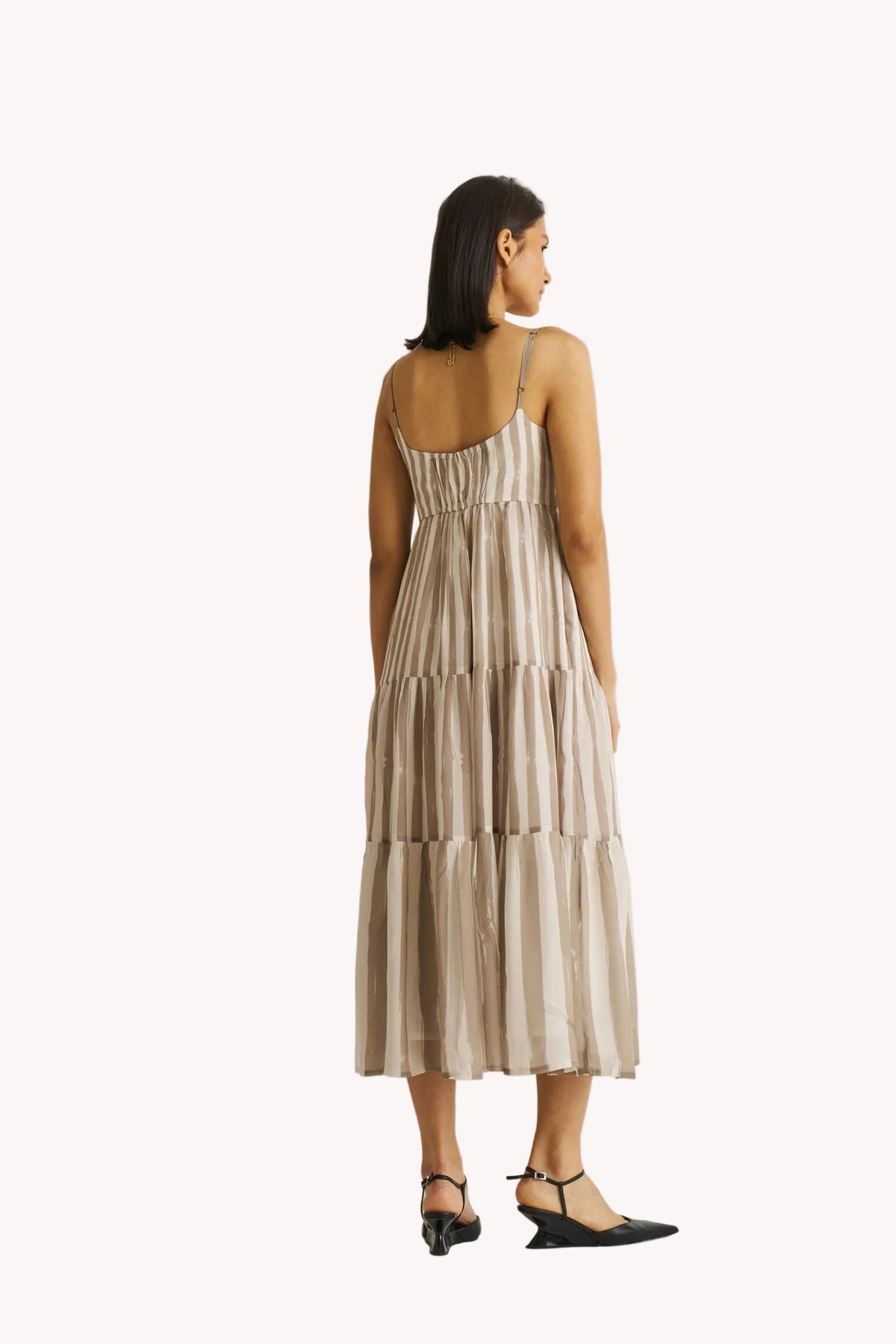 Strappy Tiered Maxi Dress in Beige Stripes