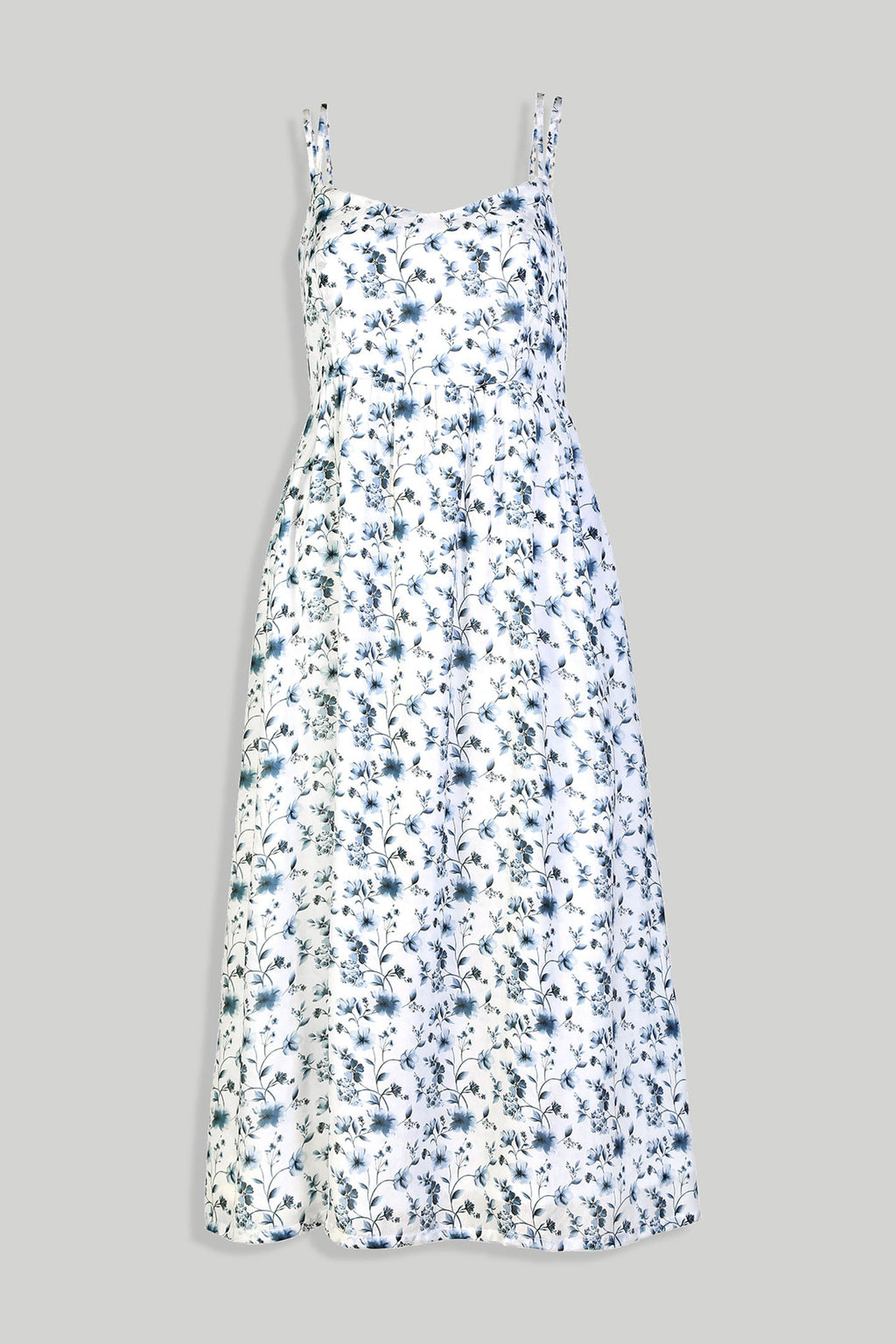 Strappy Gathered Blue Floral Midi Dress