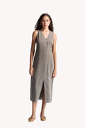 Straight Dress with Front Slit in Dark Green Hemp