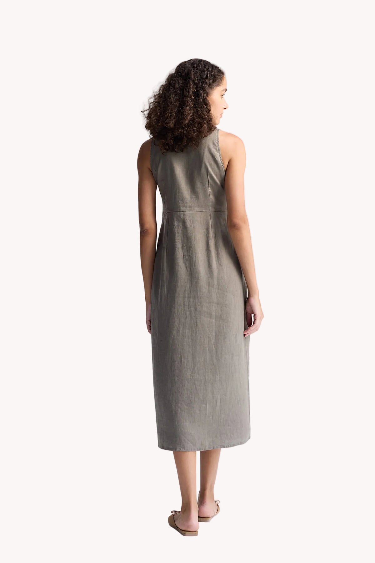 Straight Dress with Front Slit in Dark Green Hemp