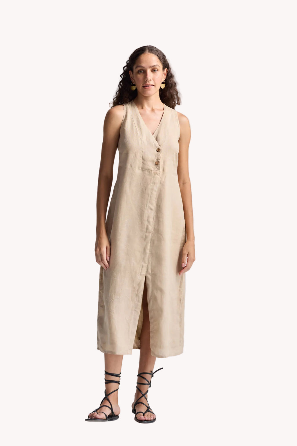 Straight Dress with Front Slit in Neutral Beige Hemp