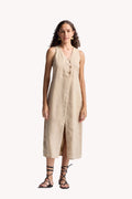 Straight Dress with Front Slit in Neutral Beige Hemp